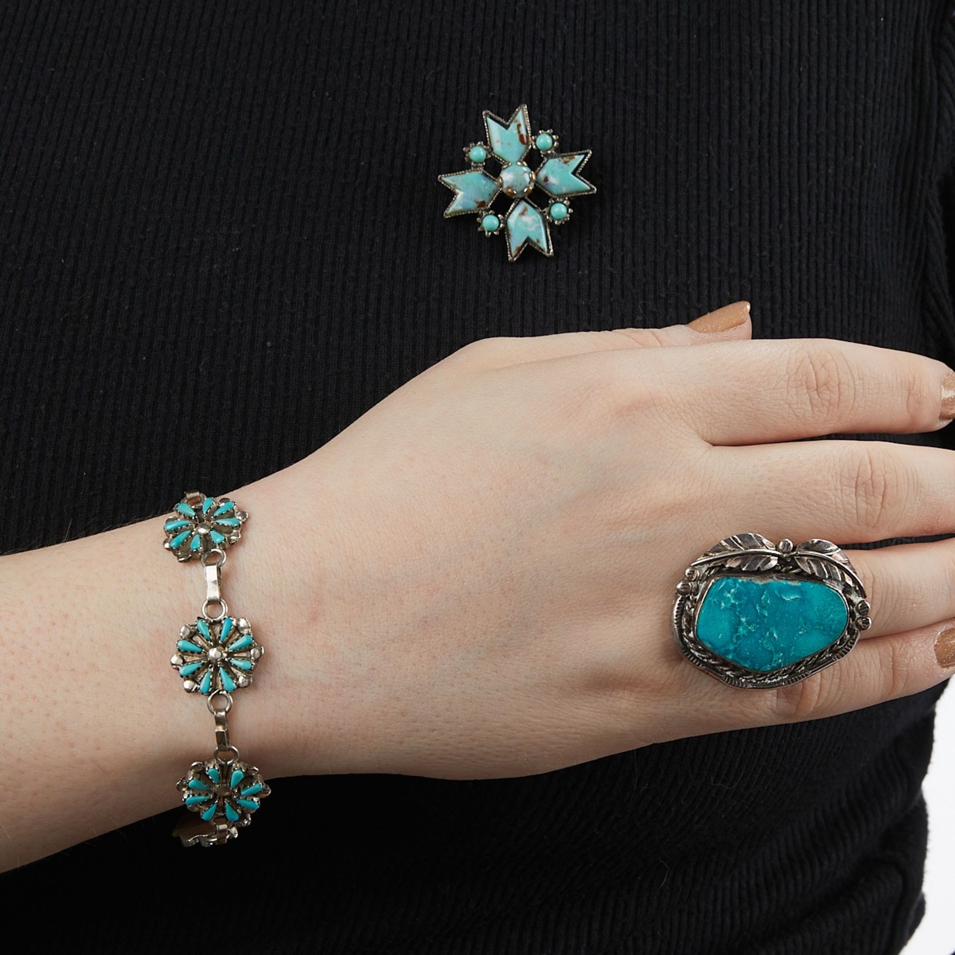 6 Southwest Turquoise Jewelry Rings, Pin, Bracelet - Image 2 of 16