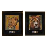 Group of 2 Bryan Moon Pastel Drawings of Lions