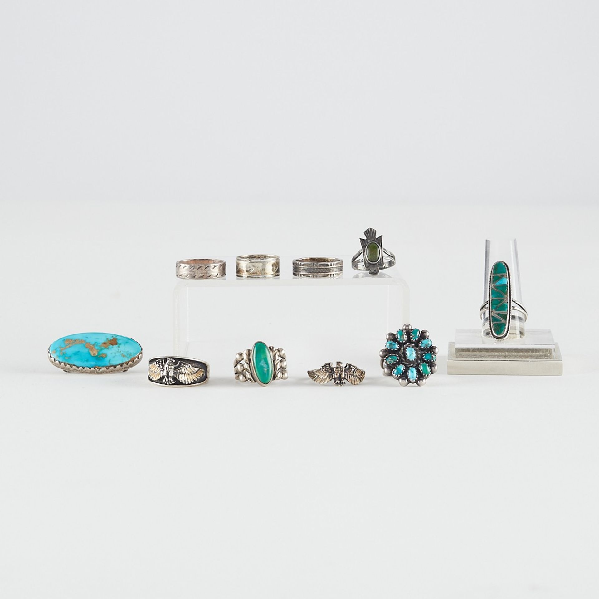 10 Southwest Sterling & Turquoise Rings & Pin - Image 2 of 17