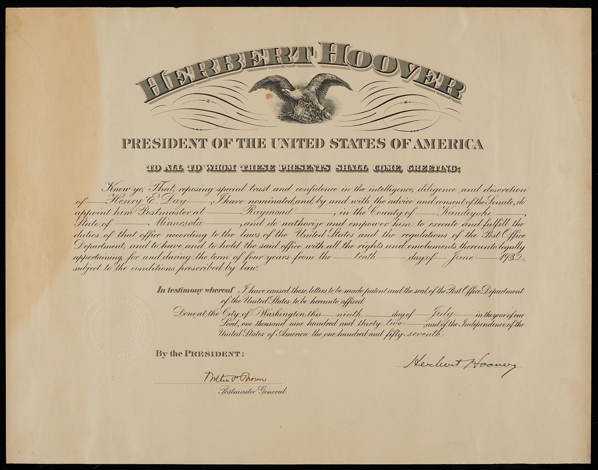 Postmaster Document Signed by Herbert Hoover - Bild 3 aus 7