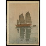 Large Hiroshi Yoshida "Sailing Boats, Mist" Jizuri