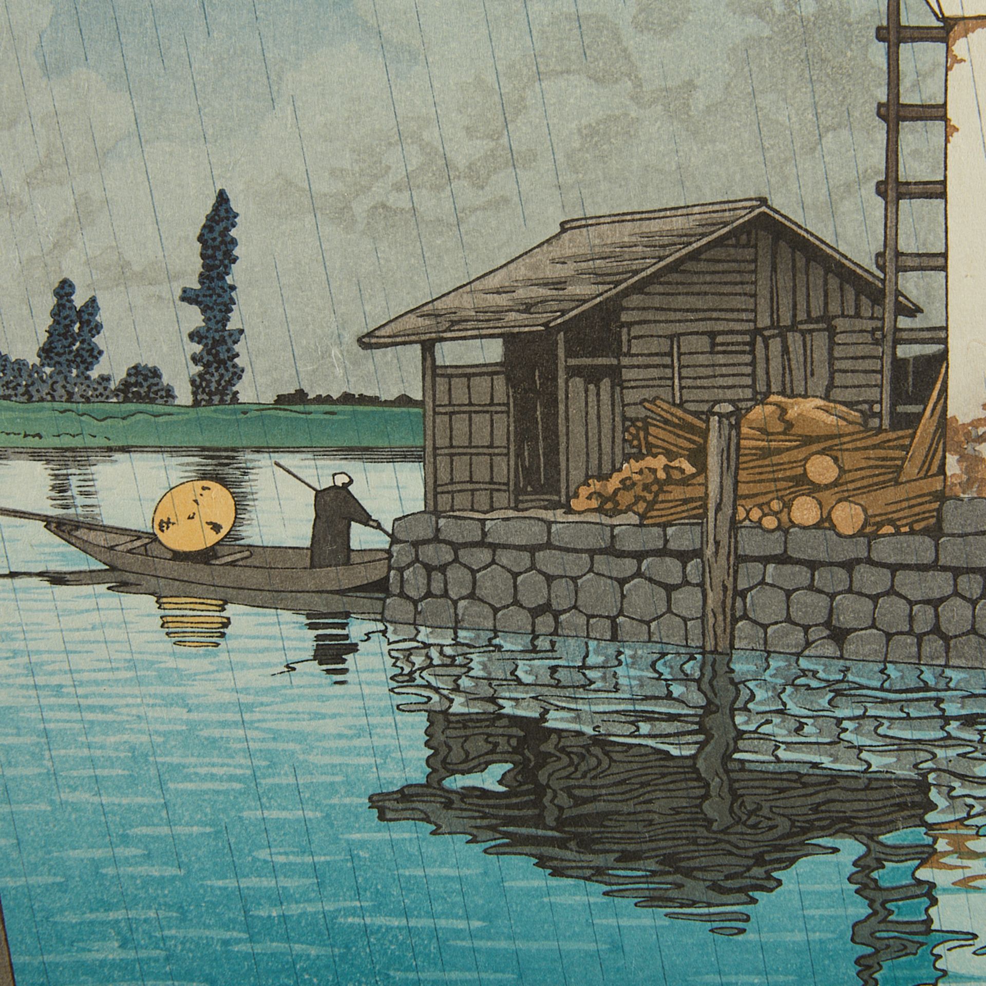 Hasui Kawase "Rain at Ushibori" Woodblock Print - Image 6 of 7