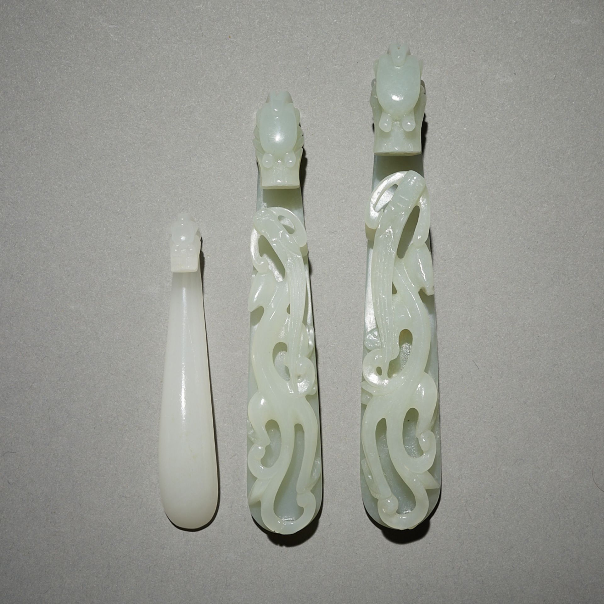 3 Chinese Pale Jade Dragon Belt Hooks - Image 3 of 8