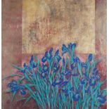 Cai Xiaoli "Blue Irises with Gold" Painting