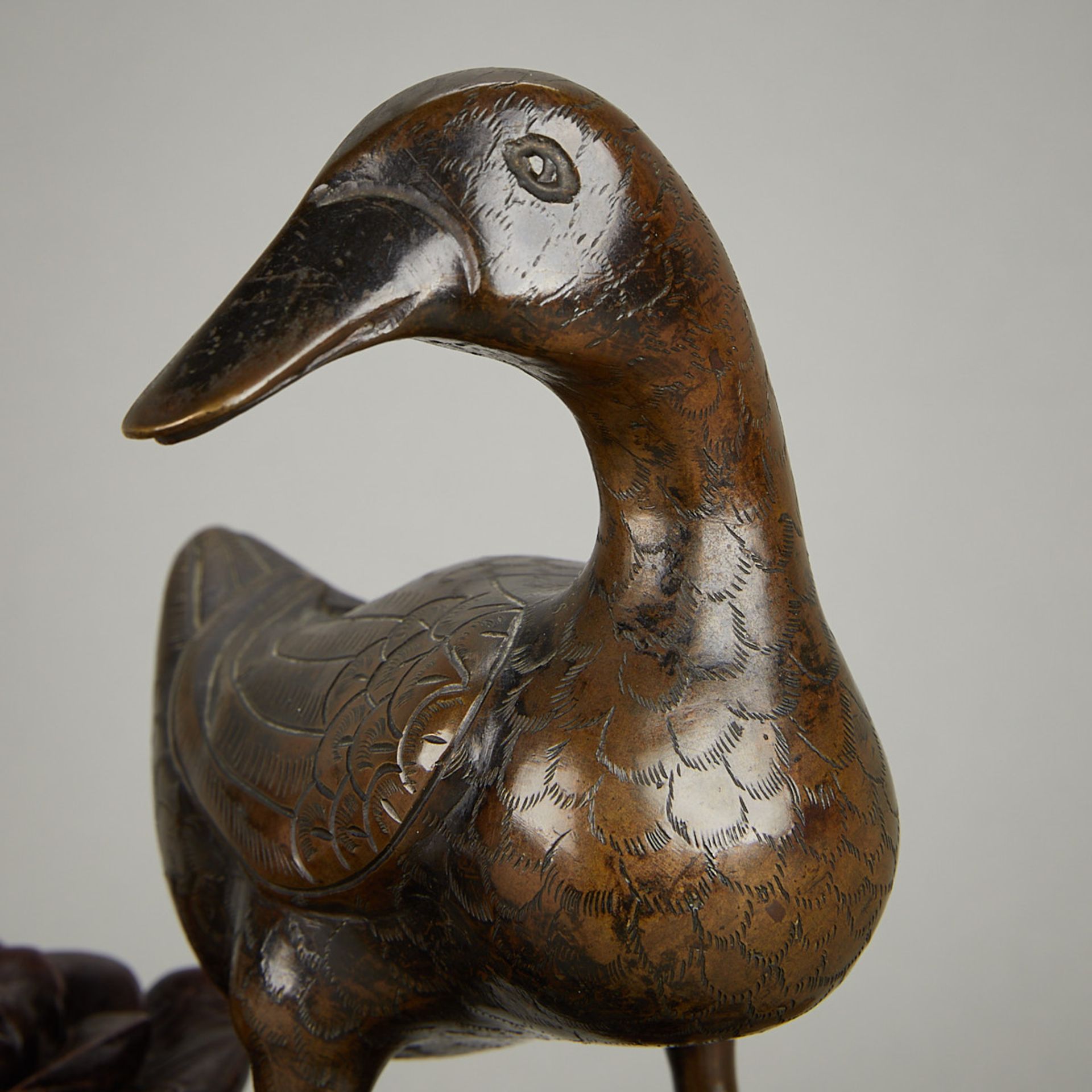 Pair 19th c. Chinese Bronze Ducks w/ Carved Stand - Image 8 of 11