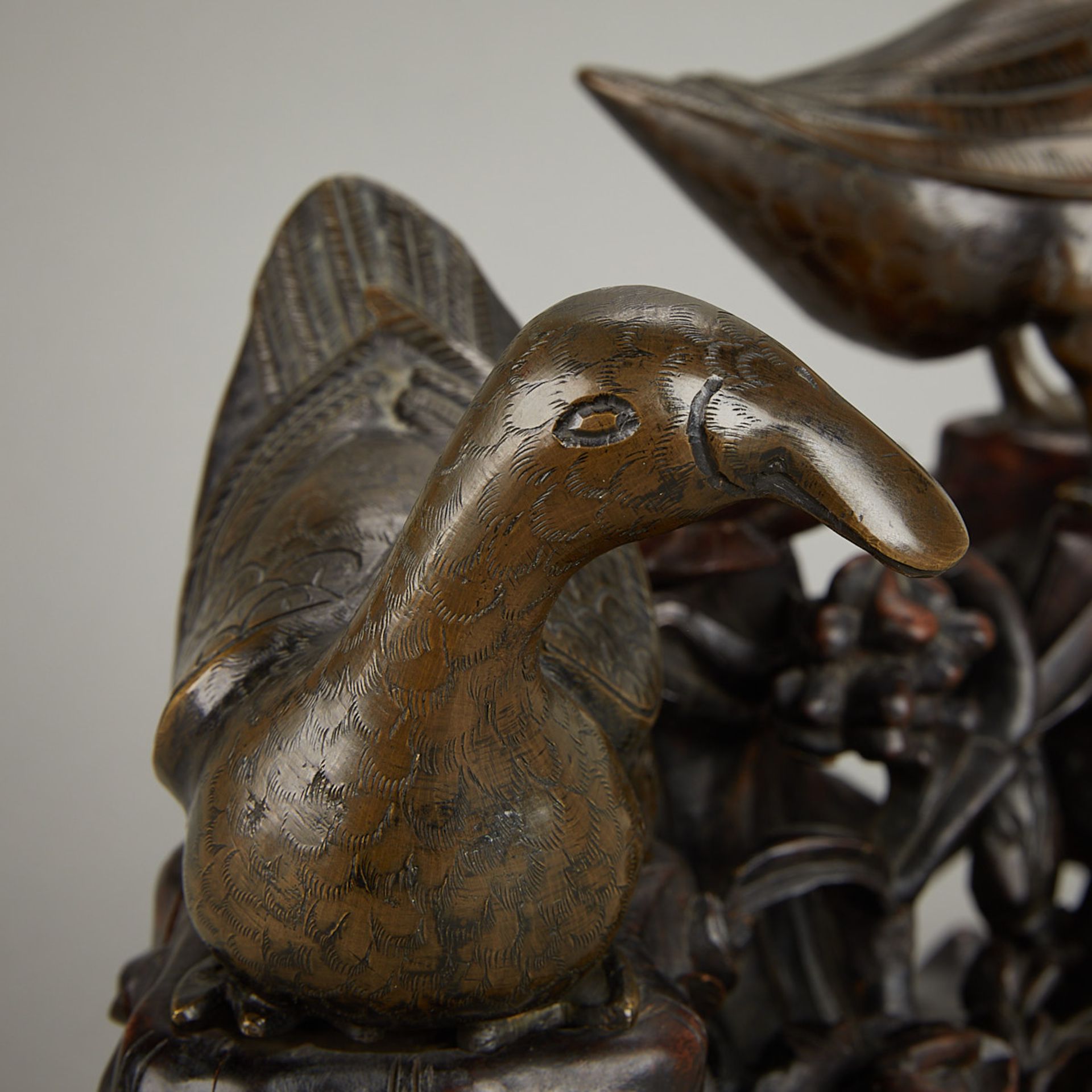 Pair 19th c. Chinese Bronze Ducks w/ Carved Stand - Image 10 of 11
