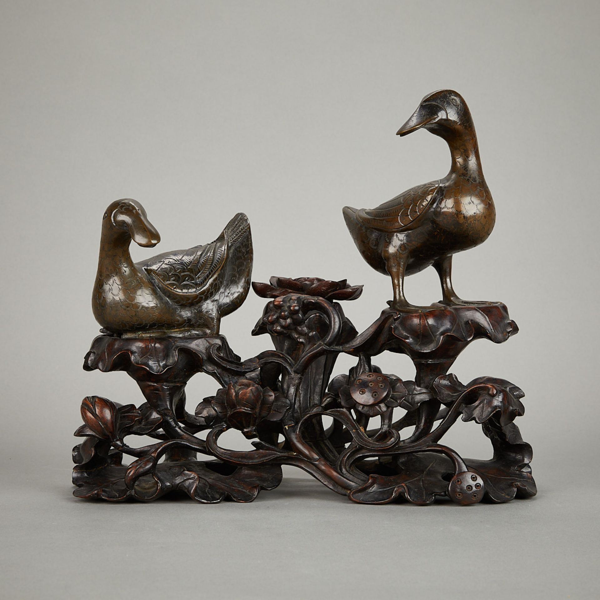 Pair 19th c. Chinese Bronze Ducks w/ Carved Stand - Image 3 of 11