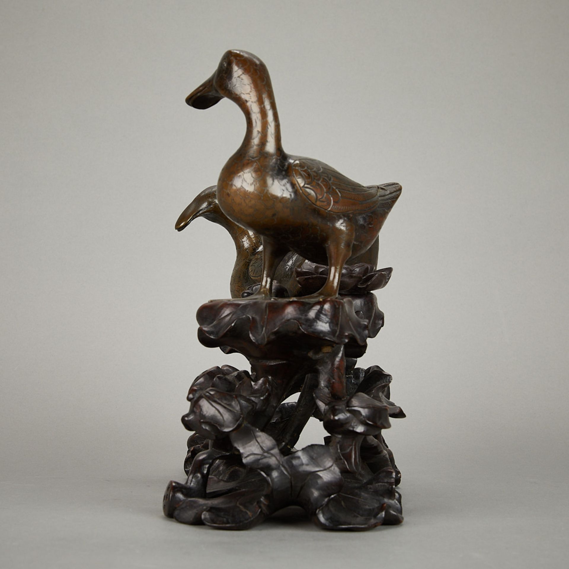 Pair 19th c. Chinese Bronze Ducks w/ Carved Stand - Image 4 of 11