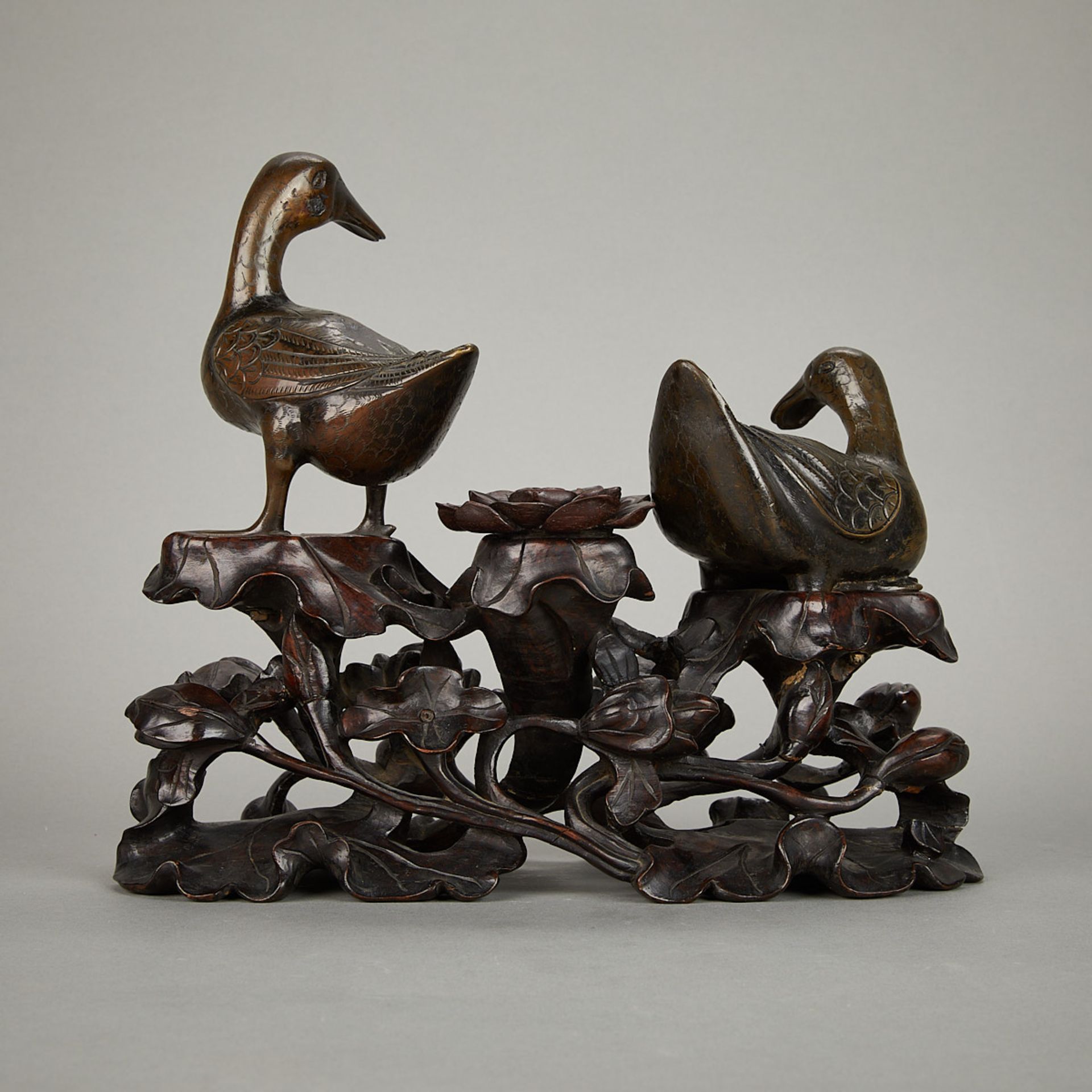 Pair 19th c. Chinese Bronze Ducks w/ Carved Stand - Image 5 of 11