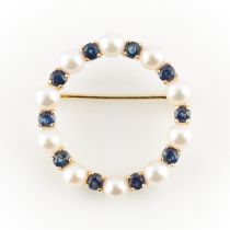 14k Yellow Gold Cultured Pearl and Sapphire Pin