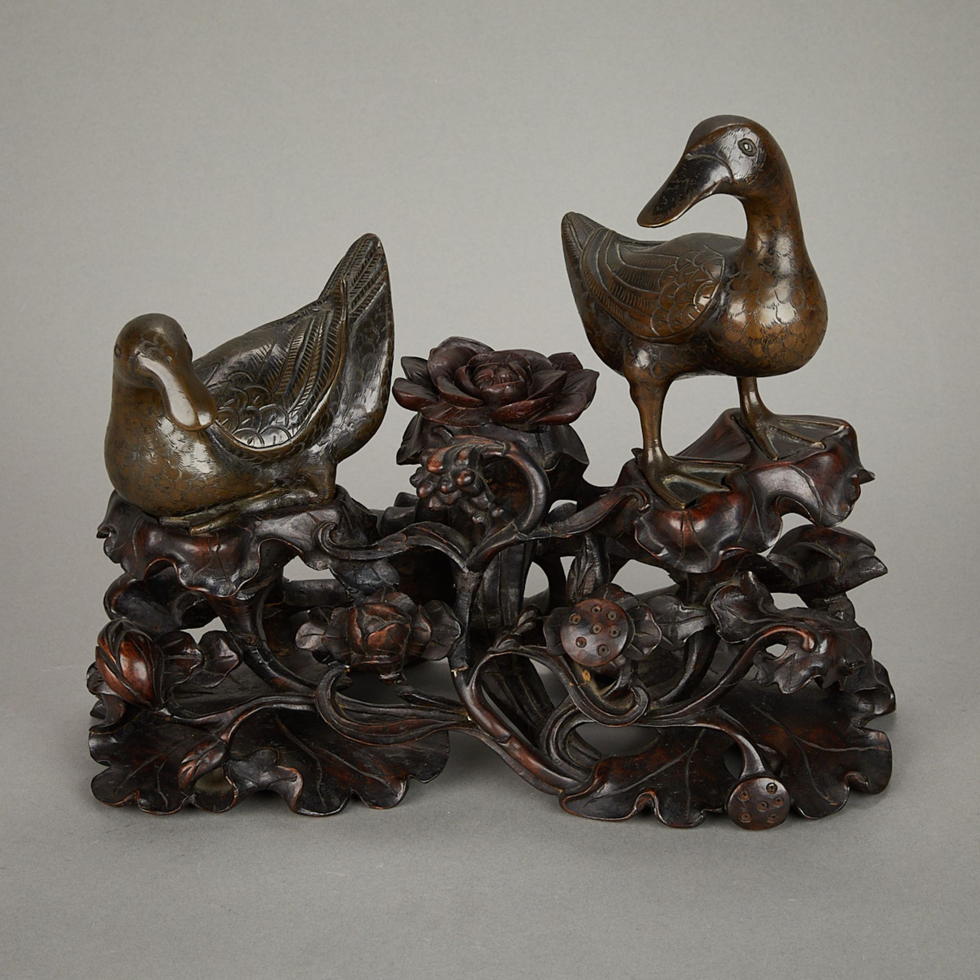 Pair 19th c. Chinese Bronze Ducks w/ Carved Stand - Image 6 of 11