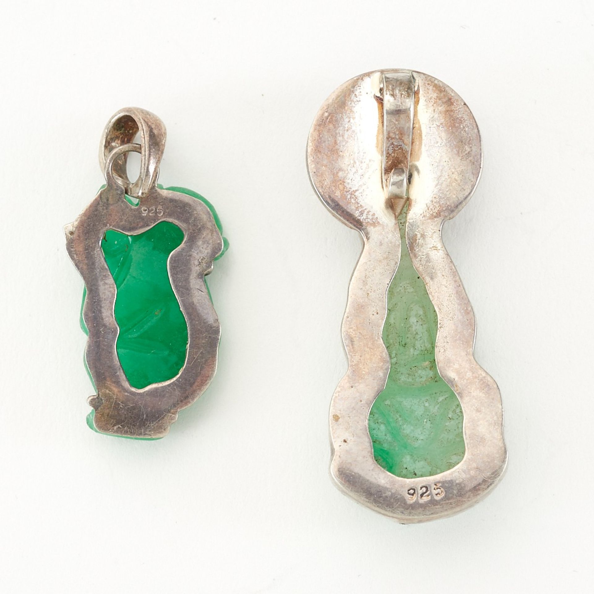 2 Chinese Sterling Mounted Carved Stones Jade - Image 2 of 4