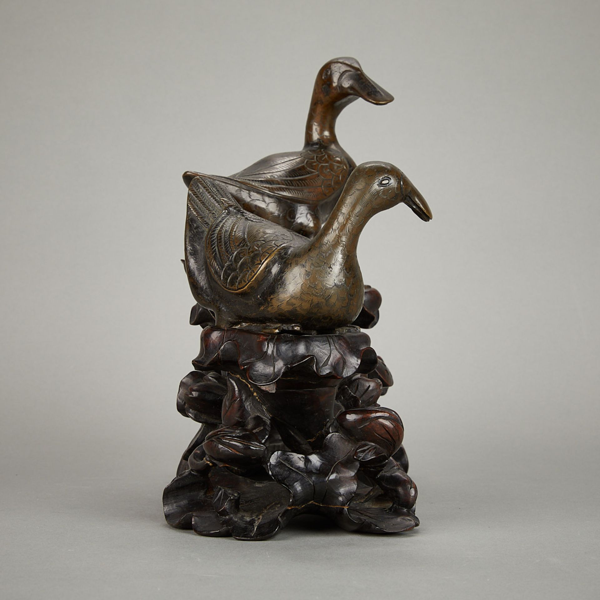 Pair 19th c. Chinese Bronze Ducks w/ Carved Stand - Image 2 of 11