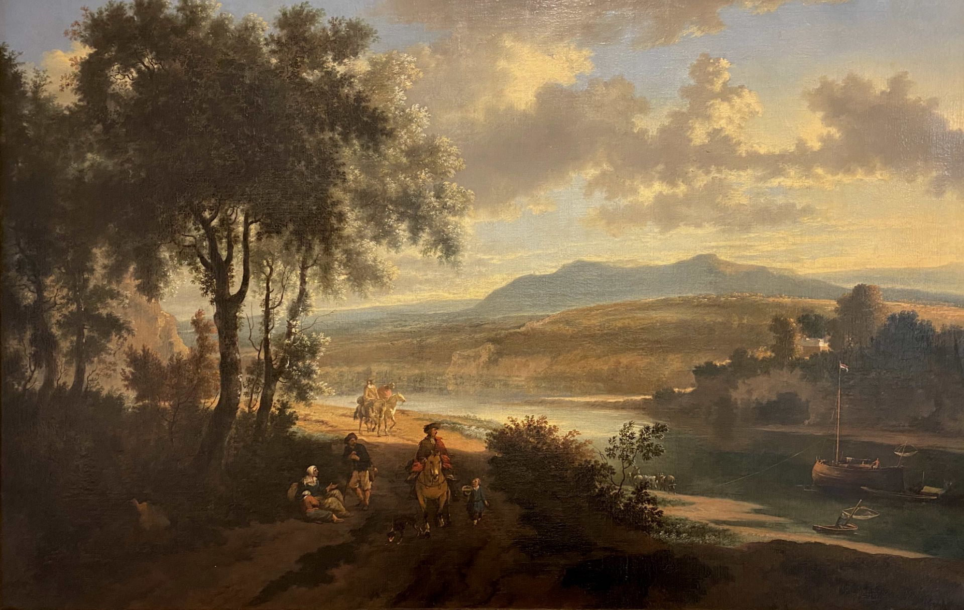 Jan Hackaert, Flußlandschaft mit Reitern, Bettlern und Schiffen