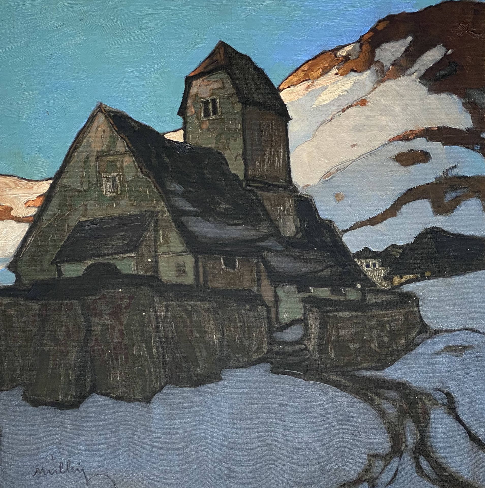 Oskar Mulley, Bergkirche in winterlicher Abenddämmerung