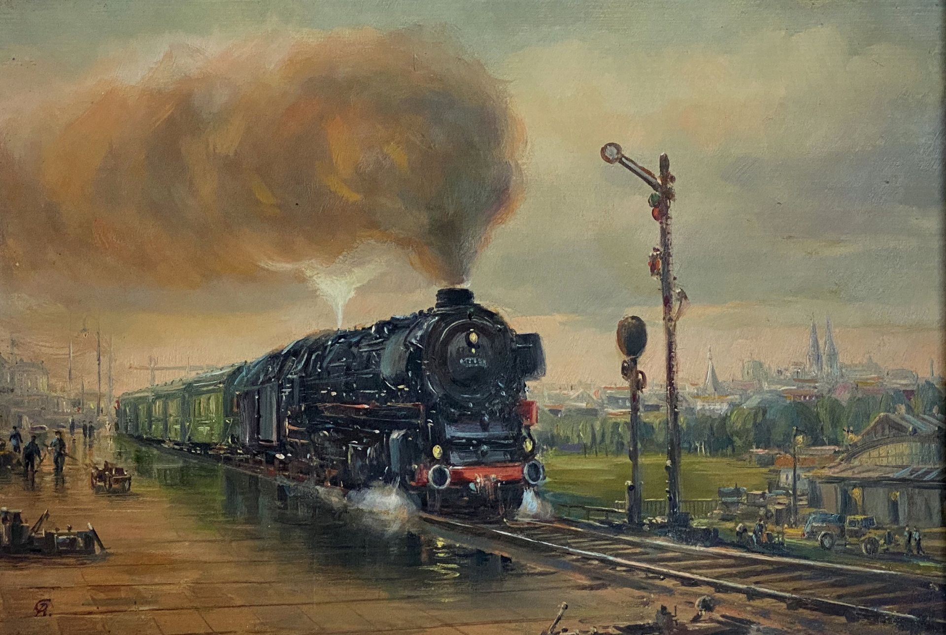 Monogrammist „GA“ (?), Dampflokomotive am Bahnsteig