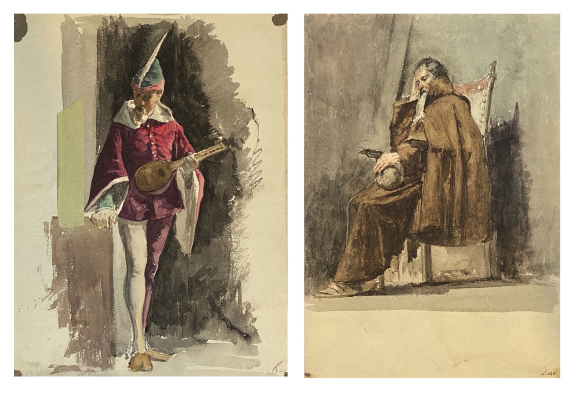 Paar Charakter - Bildnisse 19. Jahrhundert Harlekin, Memento Mori)