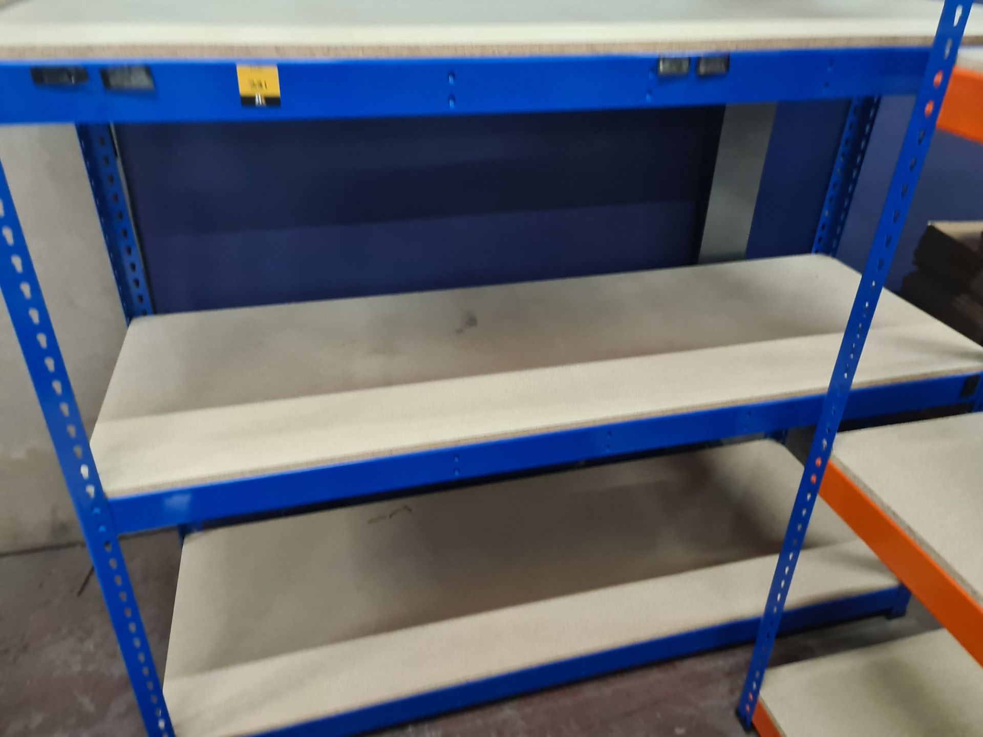 3 off blue metal shelving units. The shelves are stamped LA72 Rapid Racking. Each free standing bay - Image 2 of 9