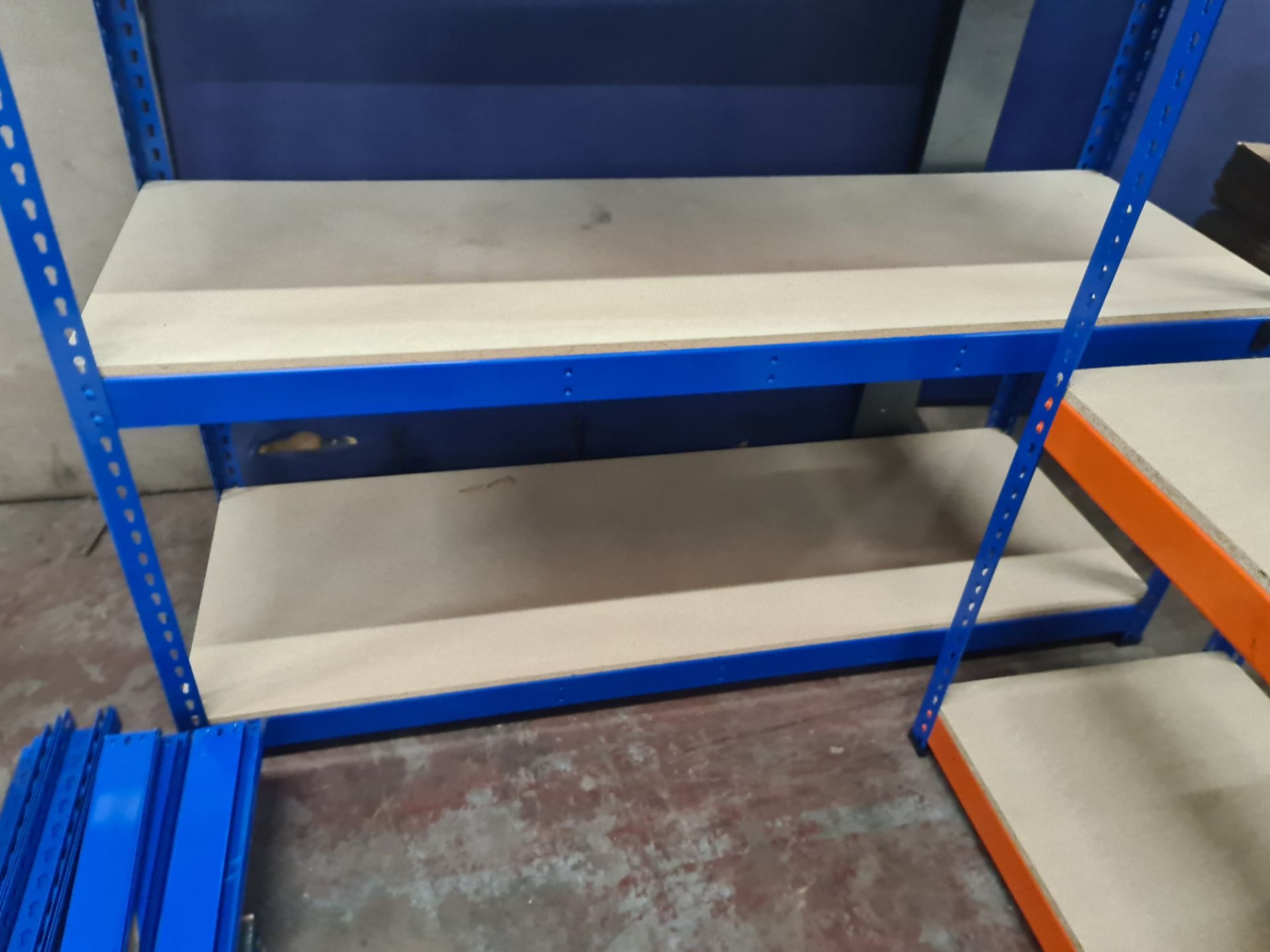 3 off blue metal shelving units. The shelves are stamped LA72 Rapid Racking. Each free standing bay - Image 3 of 9