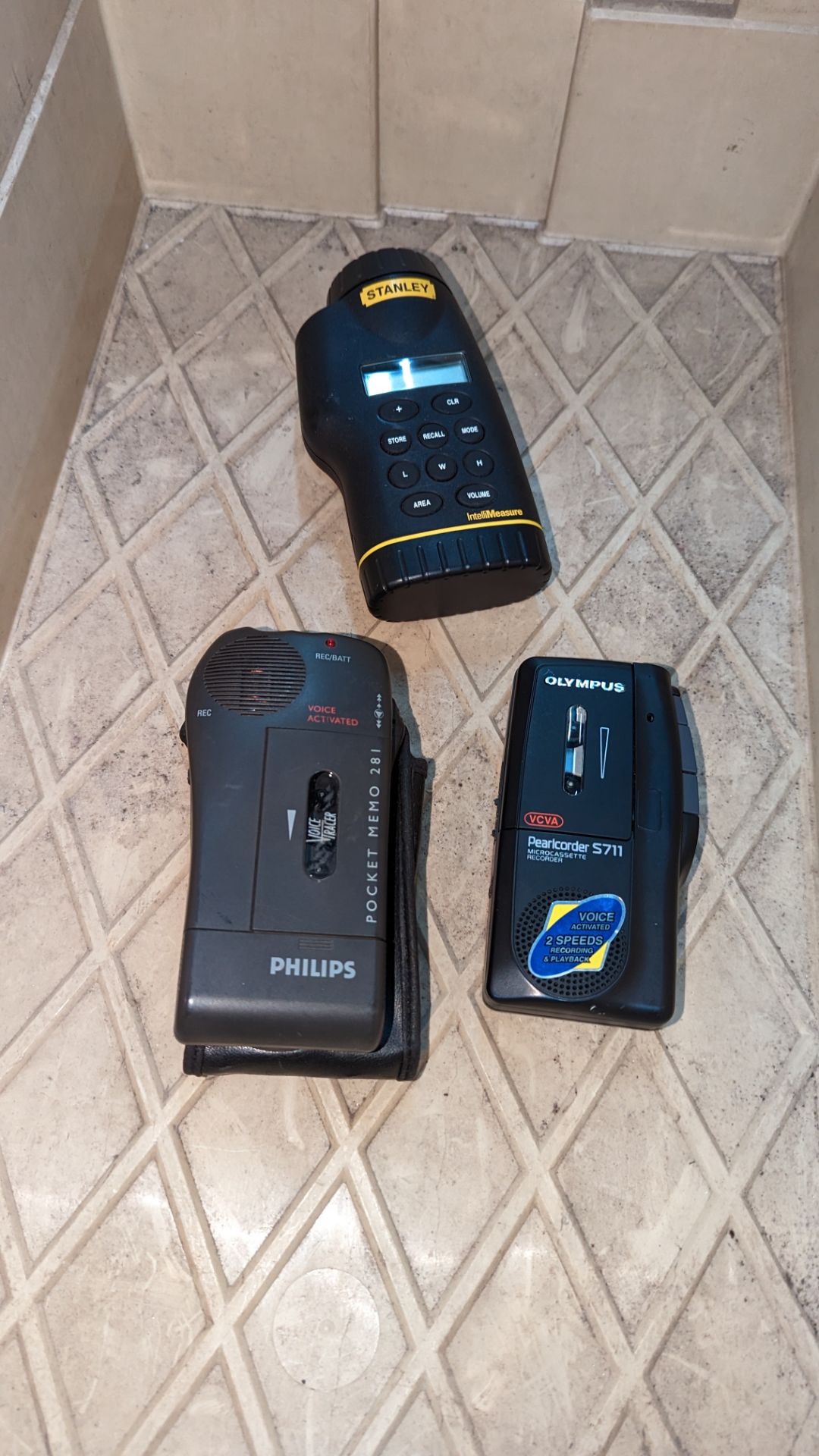 3 assorted dictation and measuring items comprising Philips Pocket Memo 281 voice activated tape bas