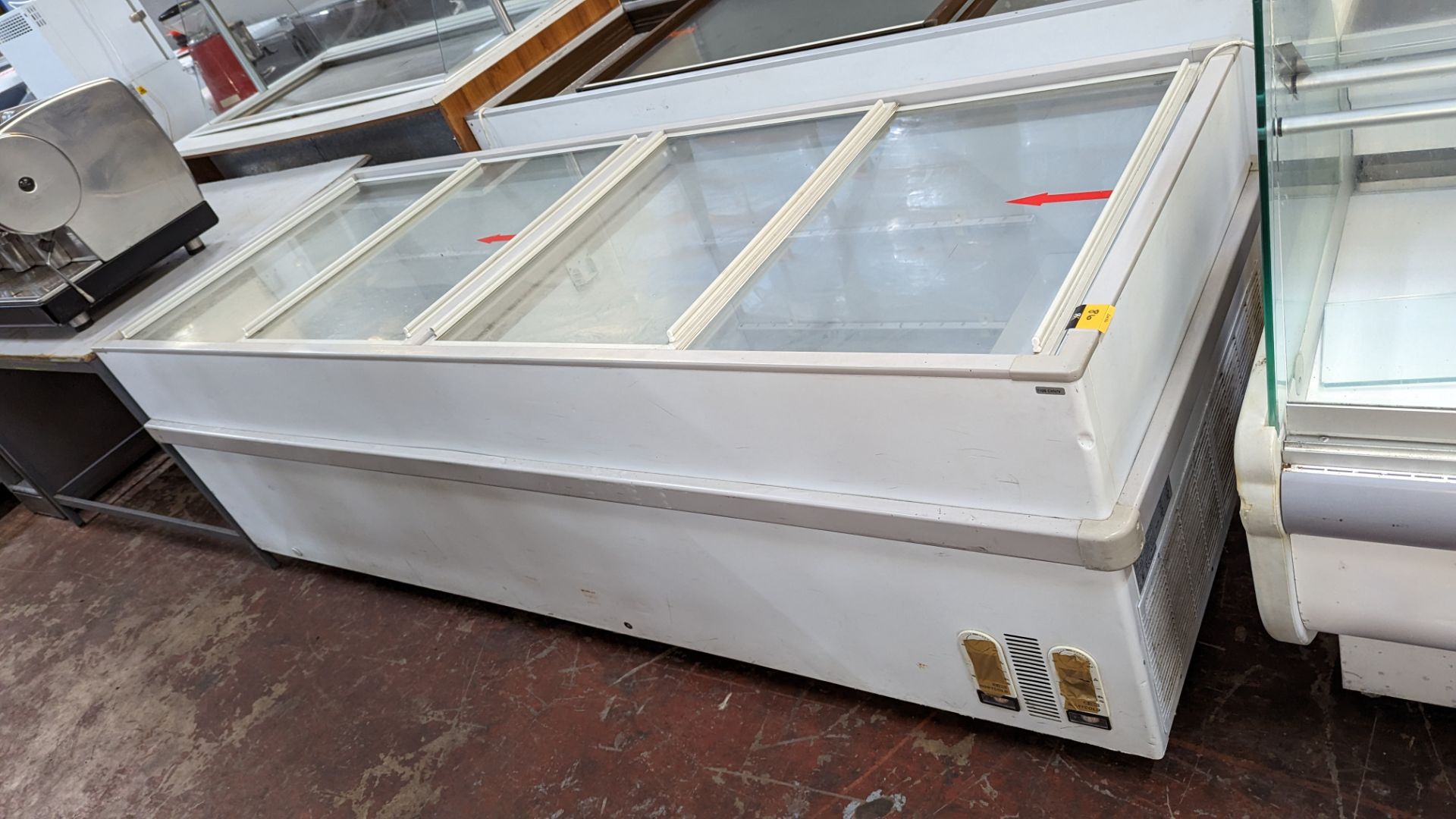 Large clear topped chest freezer measuring approximately 246cm x 91cm