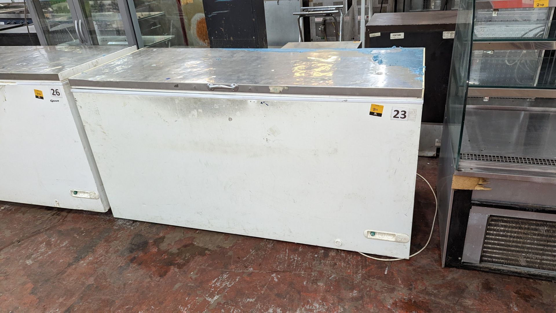 Large chest freezer with stainless steel lid, circa 170cm long