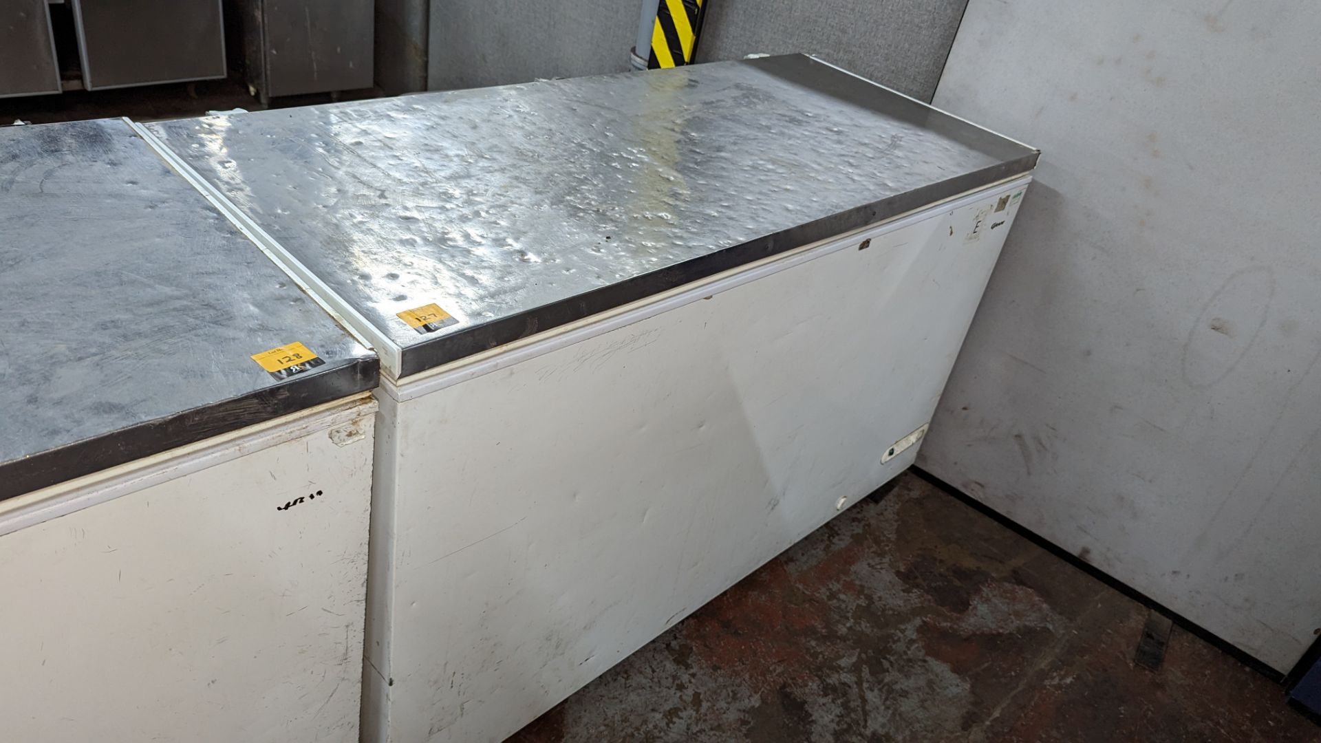 Chest freezer with stainless steel topped lid, approximately 150cm long