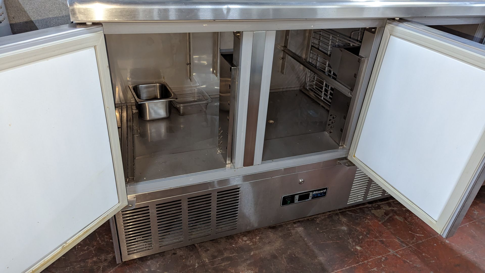 Blizzard stainless steel refrigerated 3 door prep unit with hinged access to saladette unit at rear. - Image 6 of 10