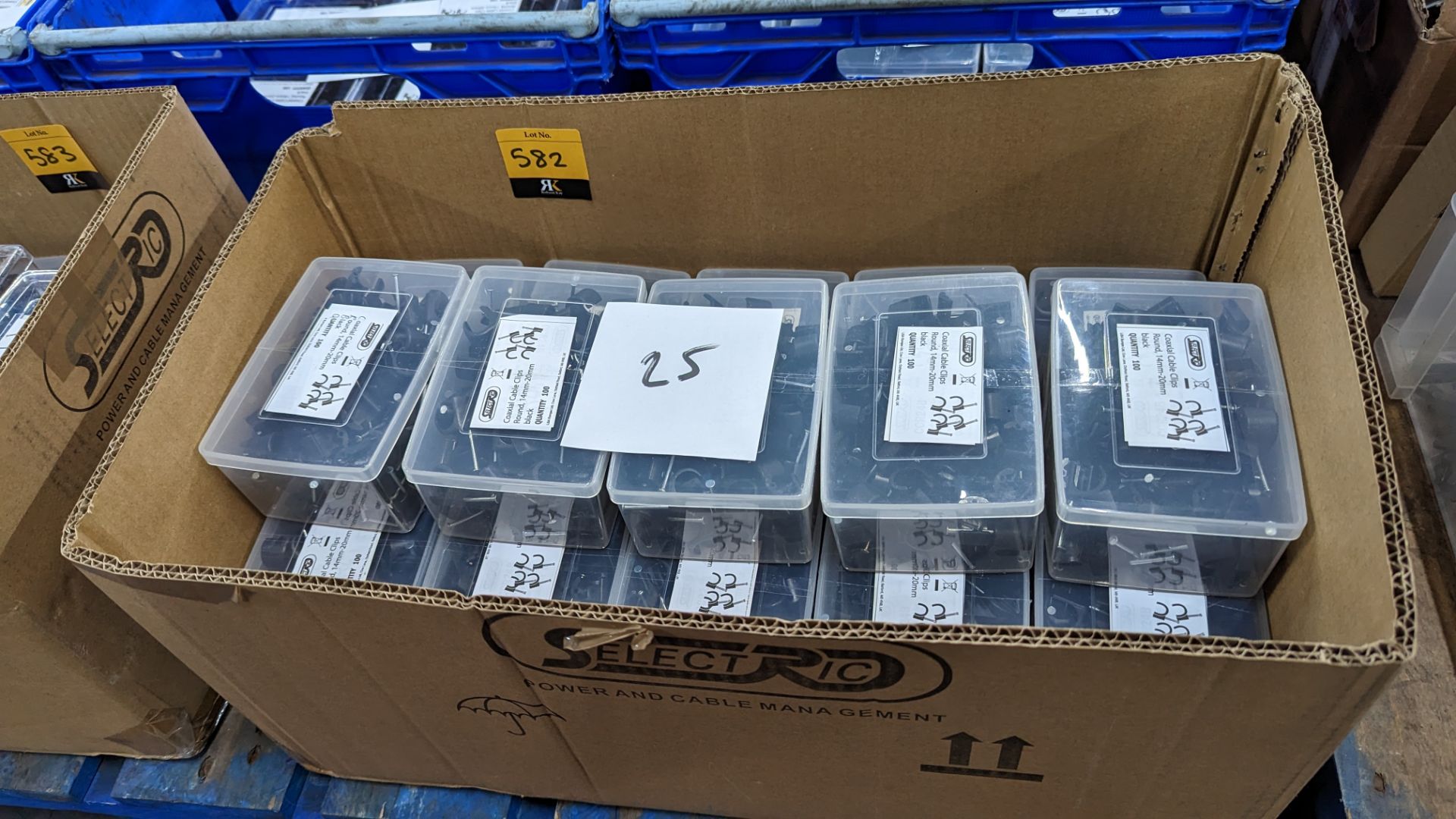 25 boxes of coaxial cable clips, each containing 100 clips