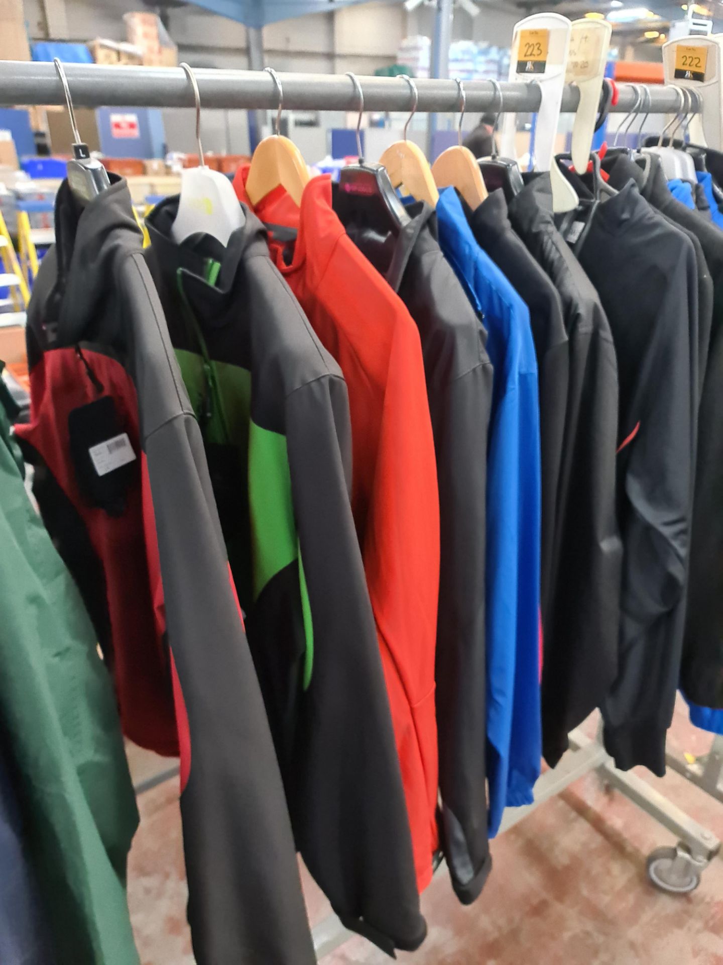 7 off assorted Stormtech soft shell jackets and similar. N.B. hangers and garment rails excluded