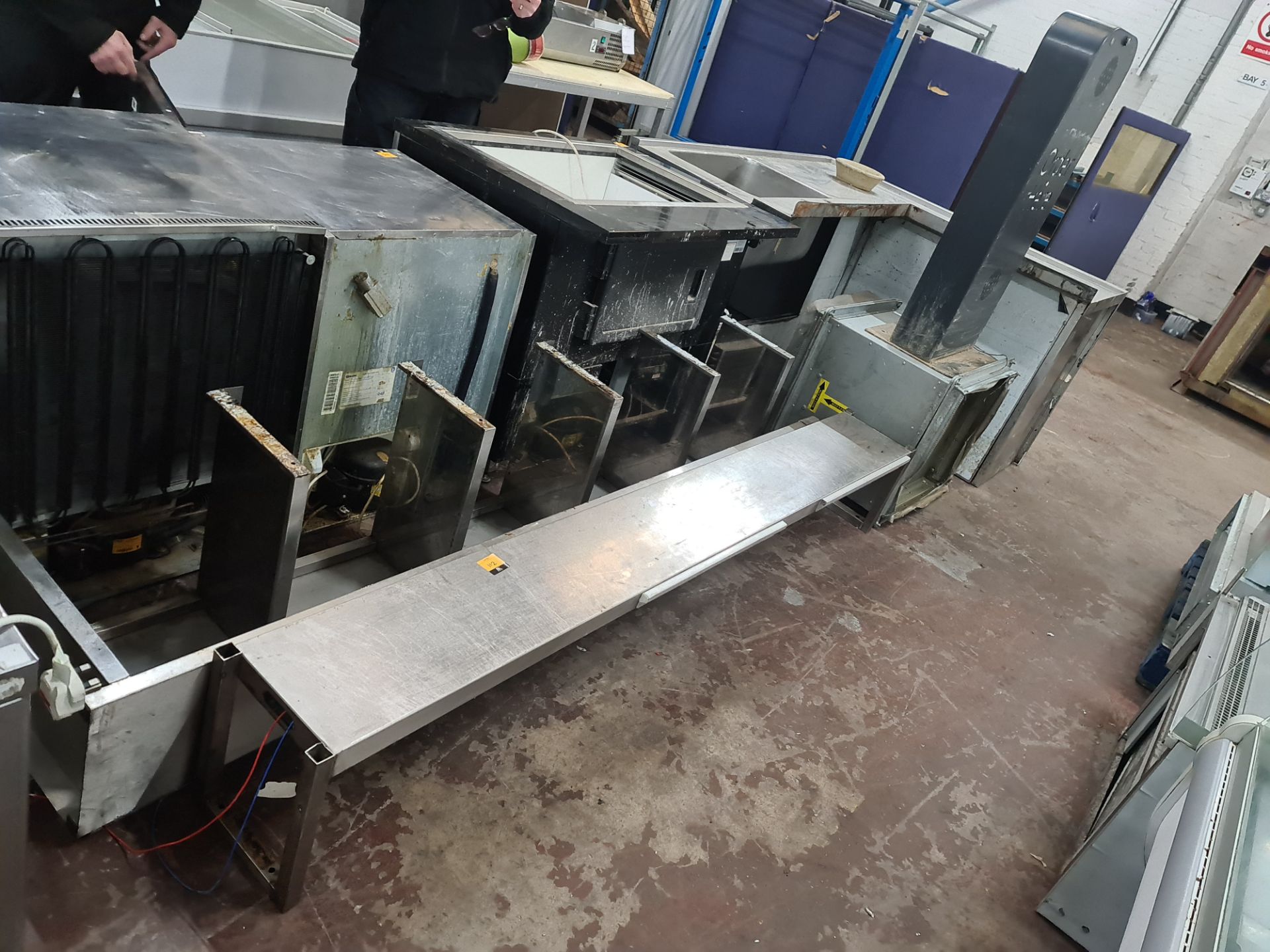 Mixed lot comprising 3 assorted long stainless steel shelves plus ordering system