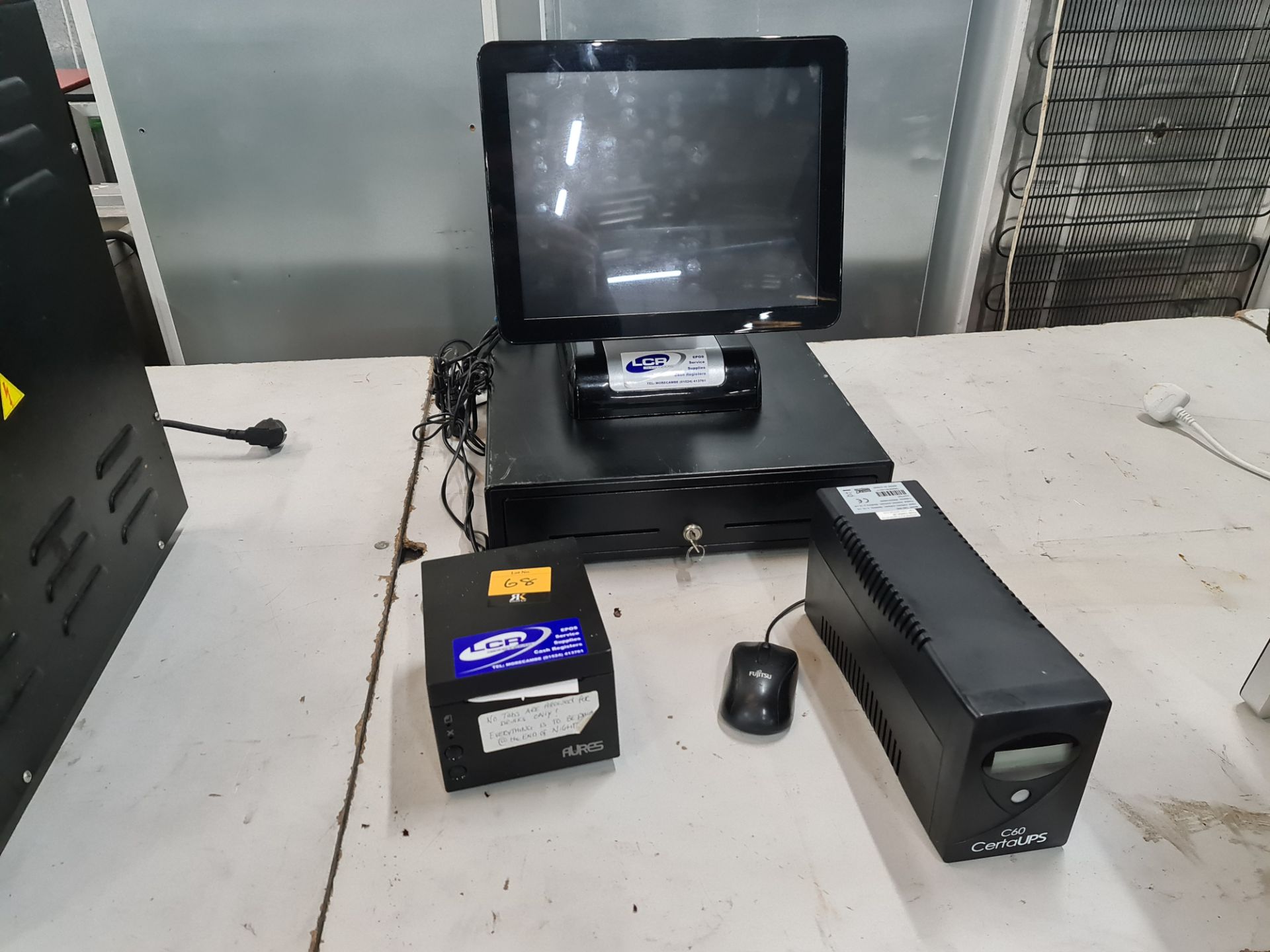 Epos equipment comprising touch screen terminal plus cash drawer, thermal receipt printer, mouse and