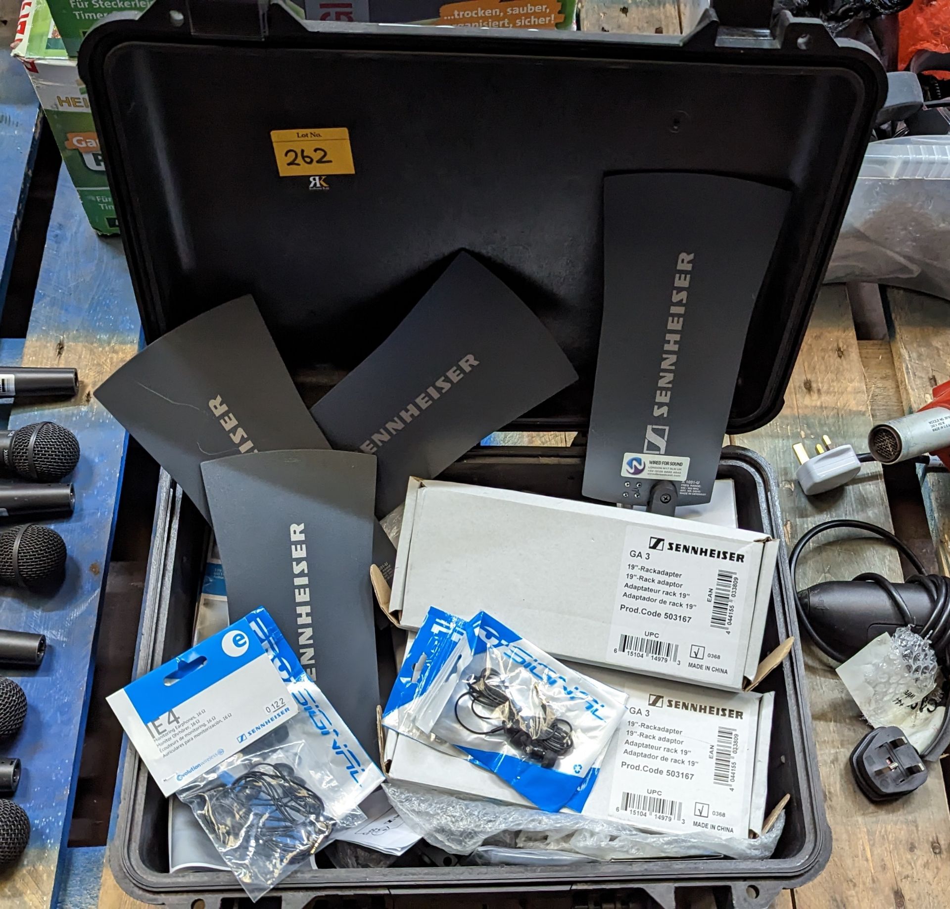 Quantity of Sennheiser equipment comprising case and contents. Includes 4 off model A1031-U antenna