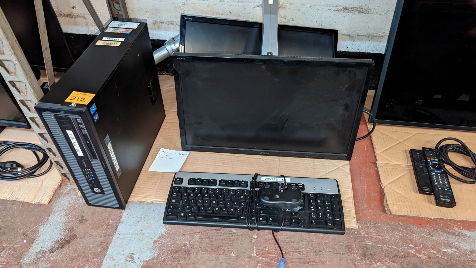 HP EliteDesk 800G1SFF computer including 2 monitors, multi-monitor bracket for use with same, keyboa