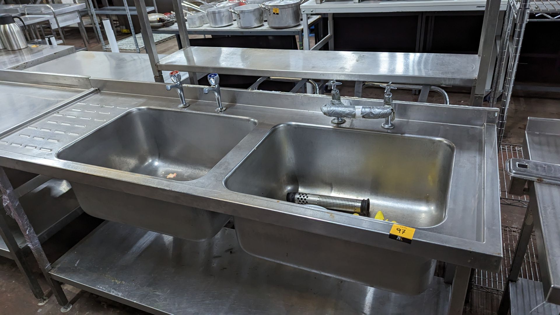 Stainless steel floor standing twin bowl sink arrangement with drainer to the left - Image 3 of 5