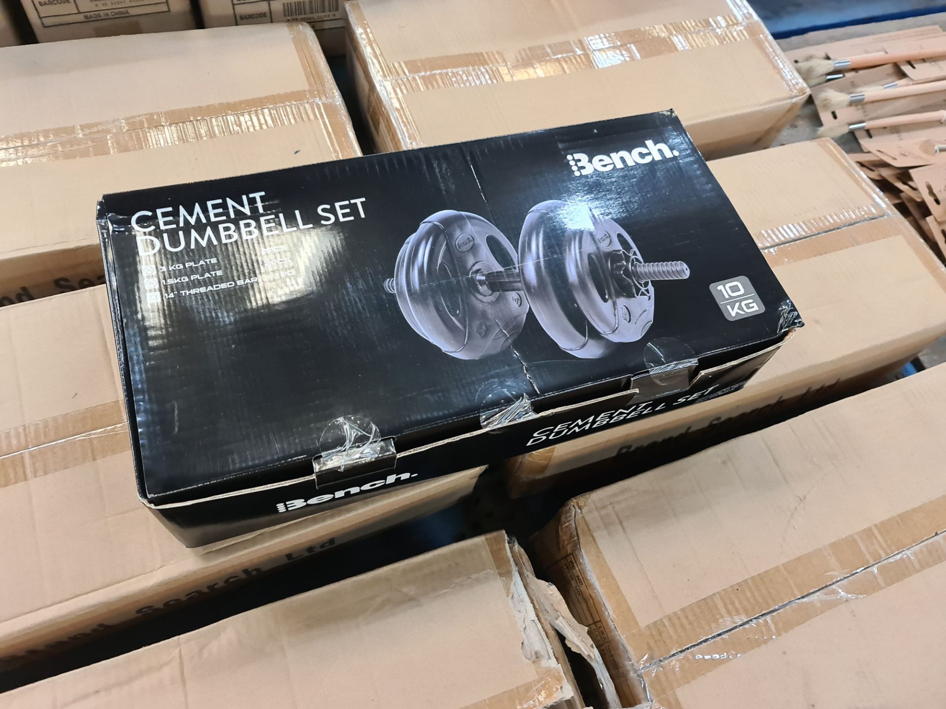 Pair of Bench Cement dumbbell sets. Each set is individually boxed and comprises 1 off 14" threaded