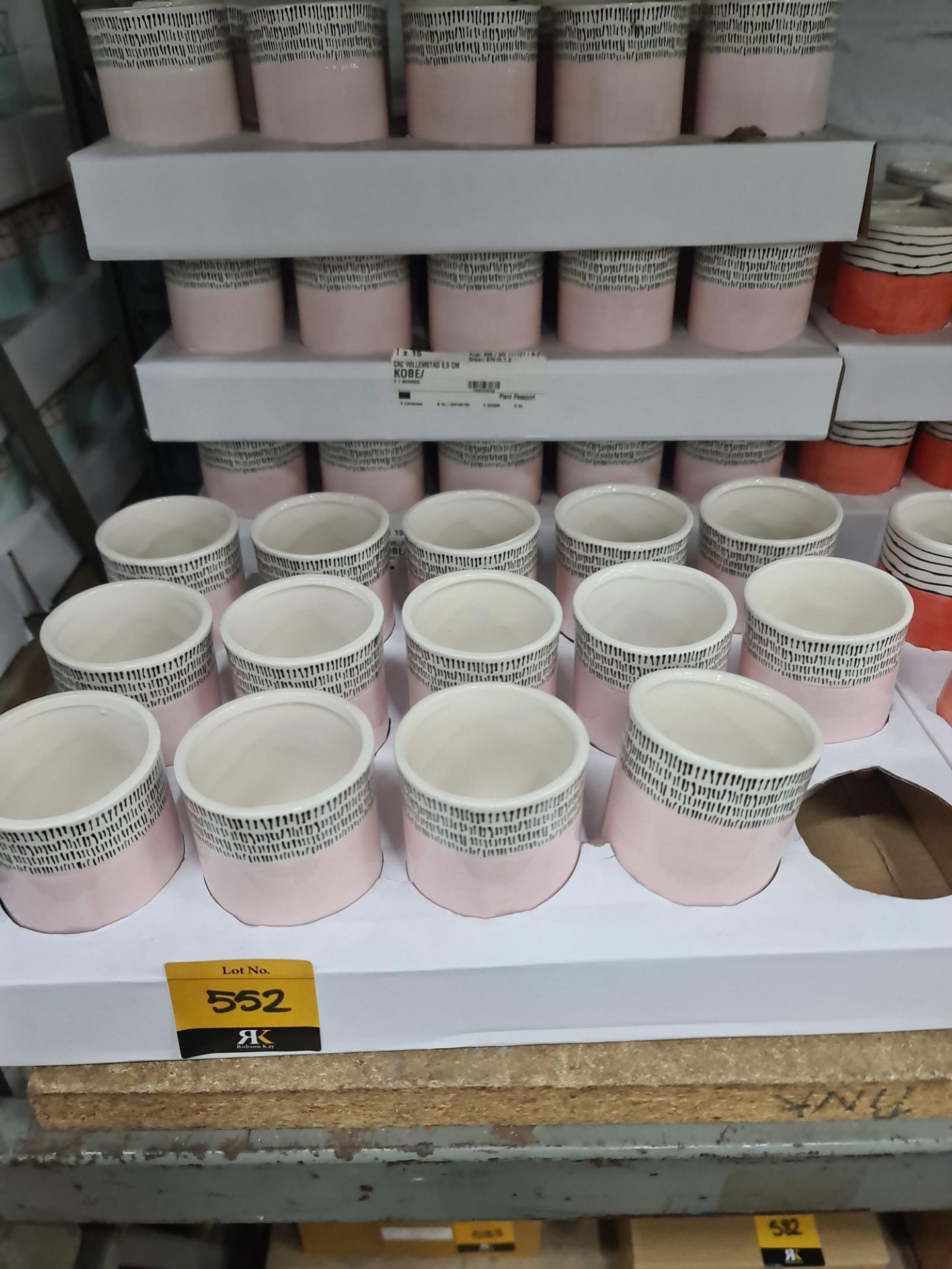 4 trays of Kobe 5.5cm pink patterned pots each standing on 3 legs, approximately 59 pots in total - Image 2 of 5