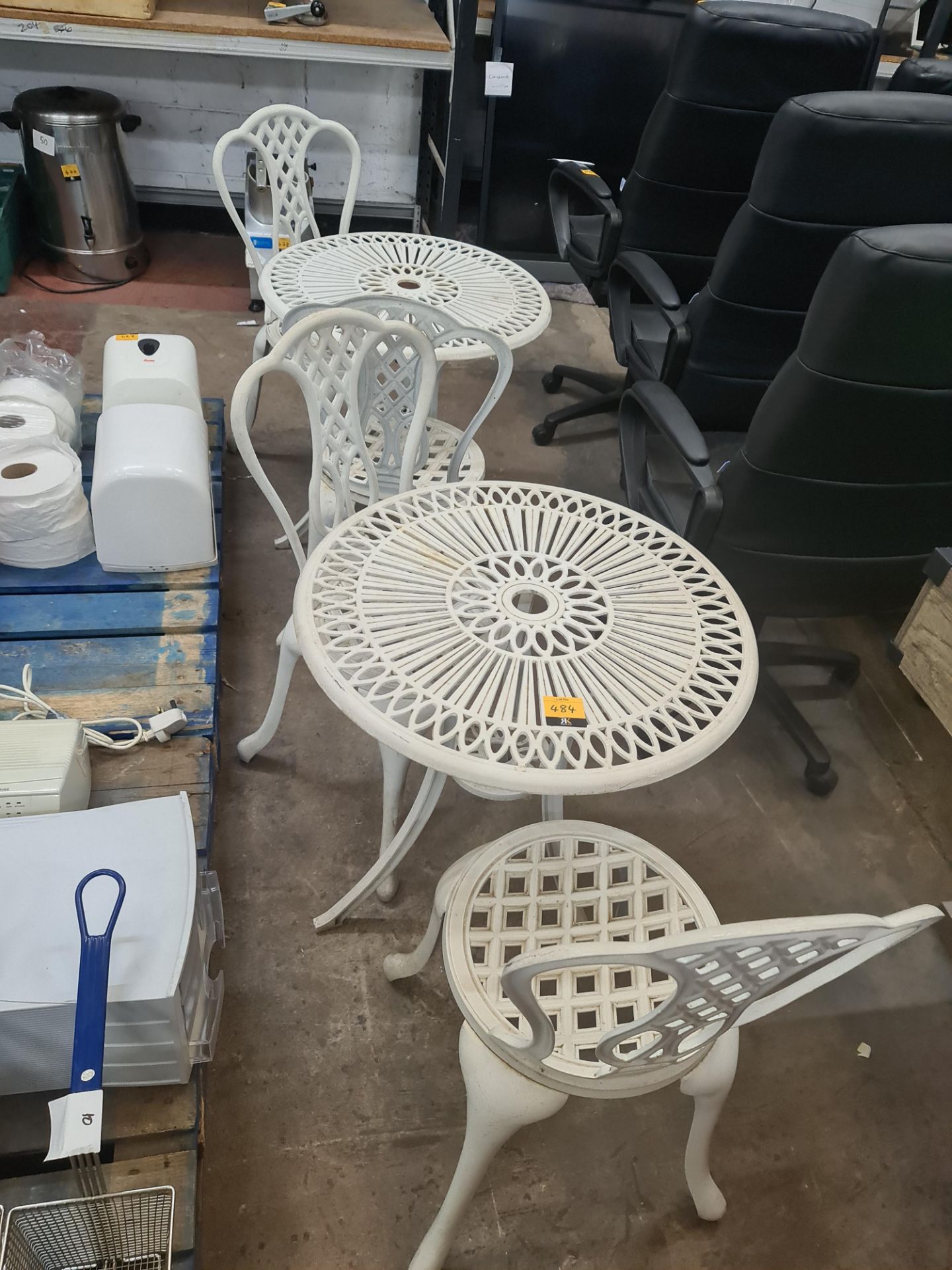 2 off outdoor café seating sets each comprising table and 2 chairs