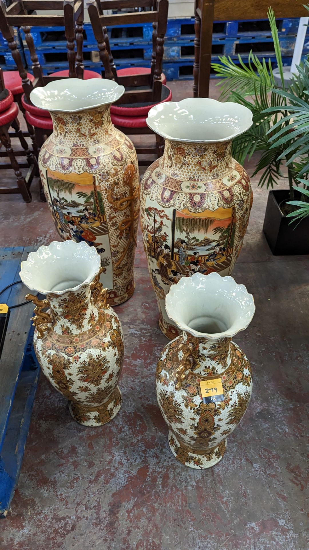 4 off tall oriental style vases, comprising one pair measuring approx 81cm x 38cm and one pair measu