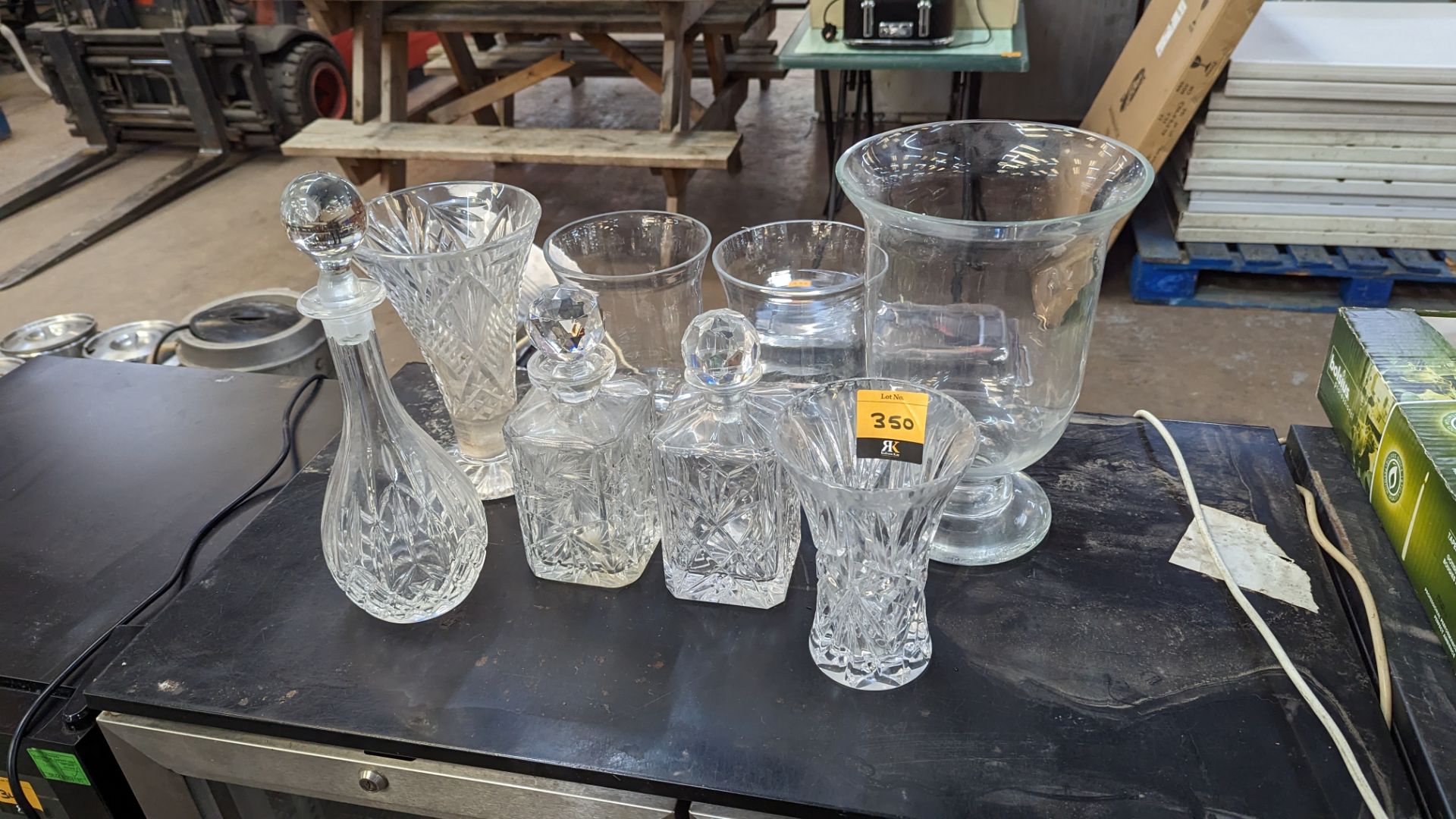 Mixed glass ornamental lot comprising 5 vases and 3 decanters each with their own stopper