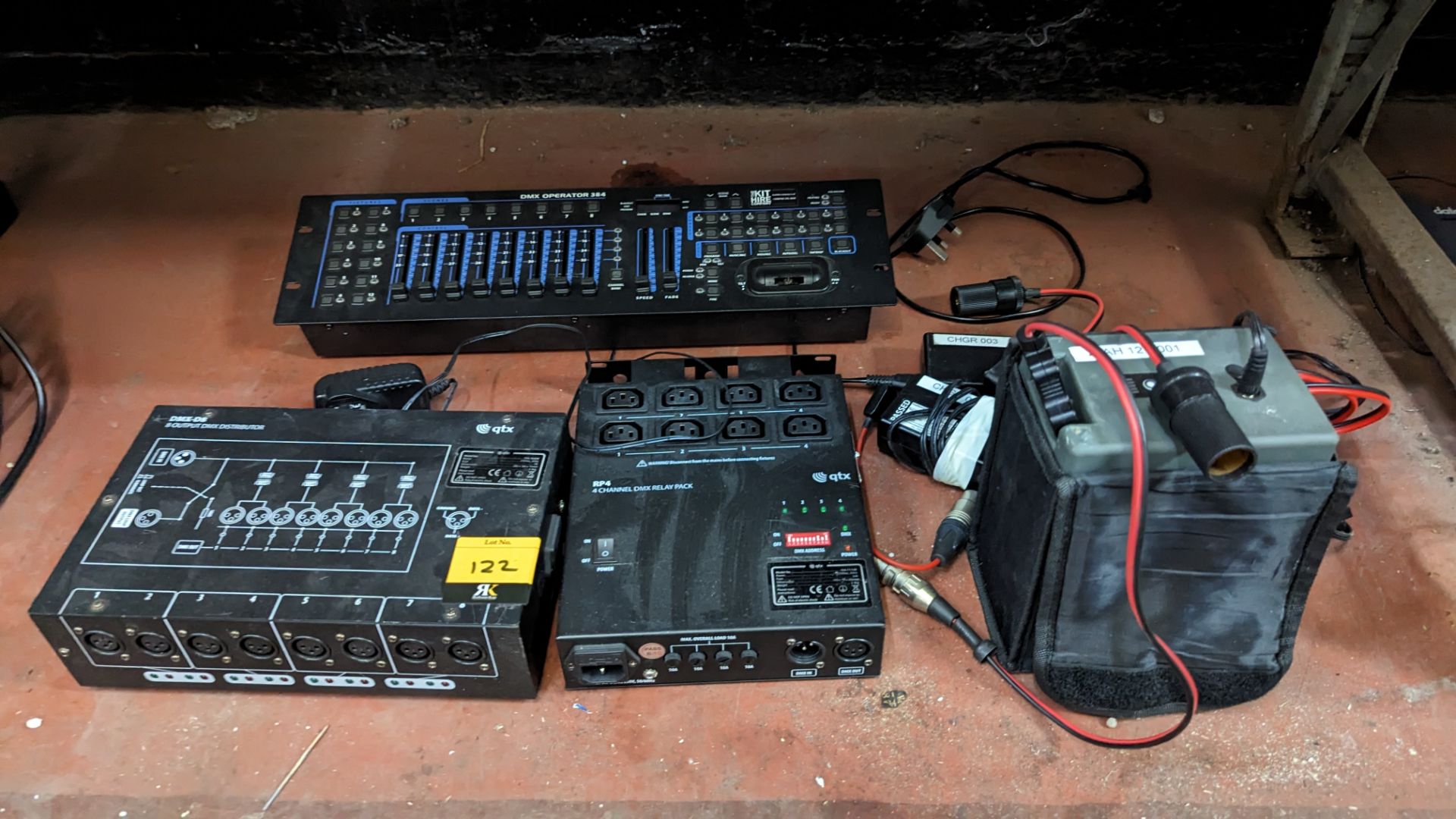 Mixed lot comprising DMX D8 8 output distribution amp, 1 off 1 x 384DMX desk, 1 x 12V DC cable & 1 o