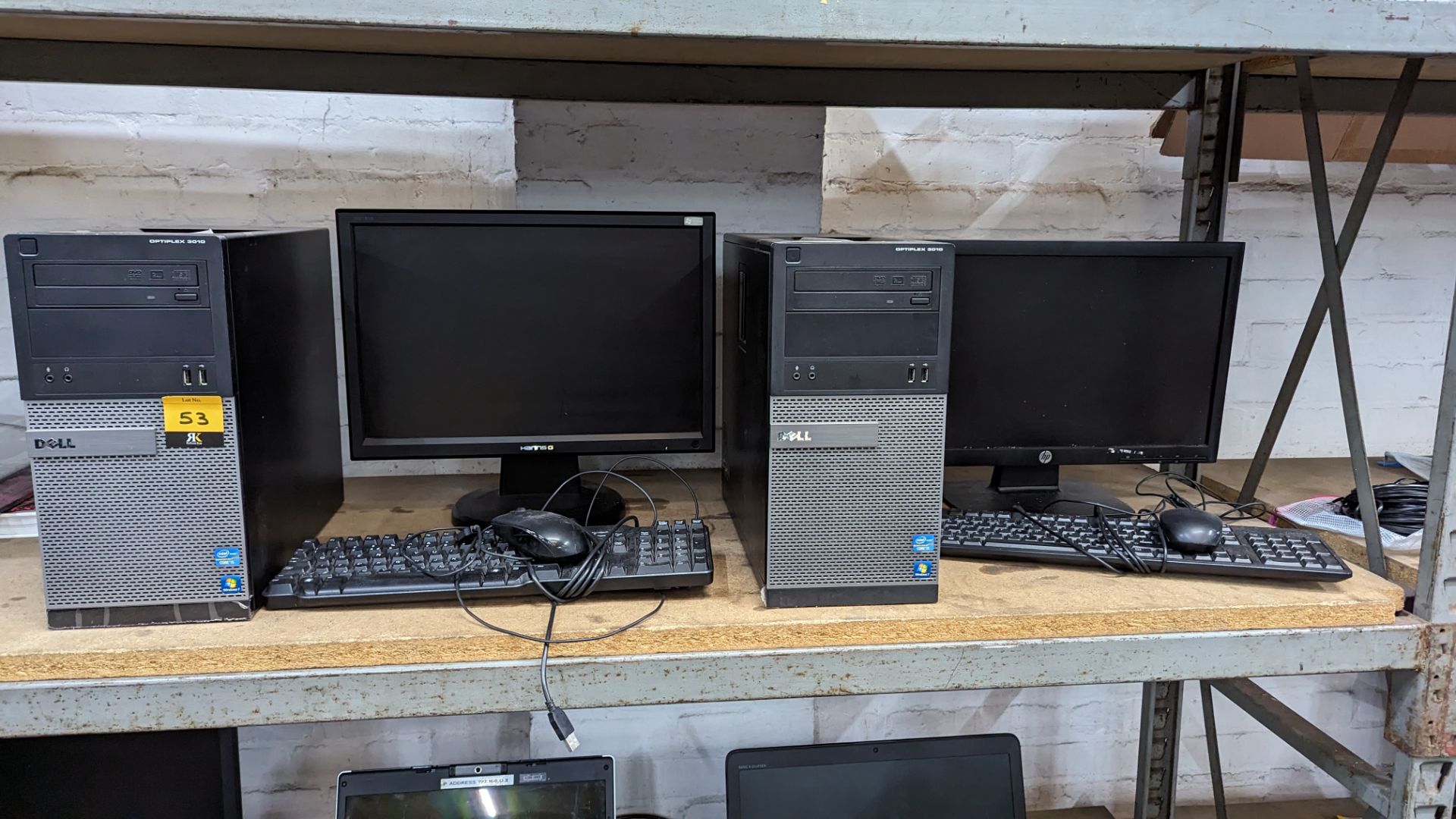 2 off Dell OptiPlex tower computers each with keyboard, monitor & mouse