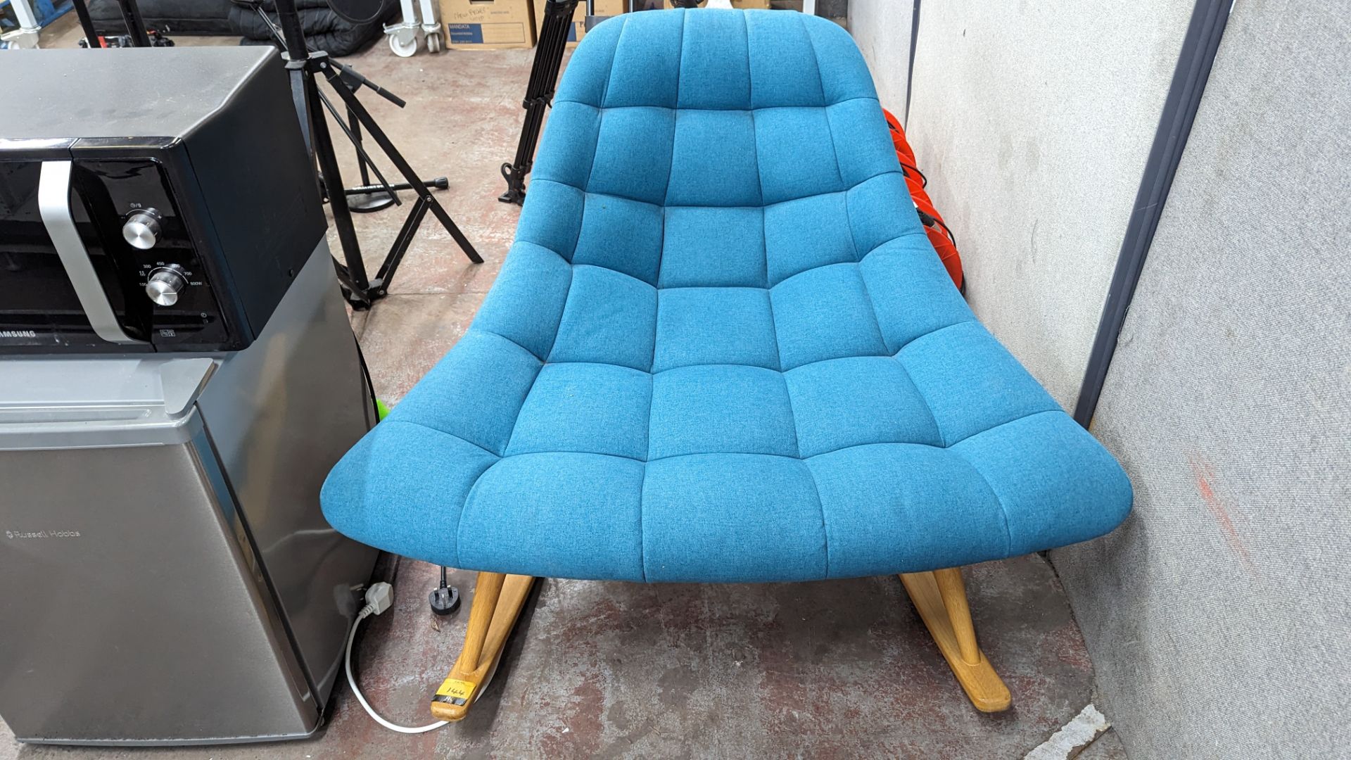 Rocking chair upholstered in aquamarine fabric on wooden legs - Image 6 of 7