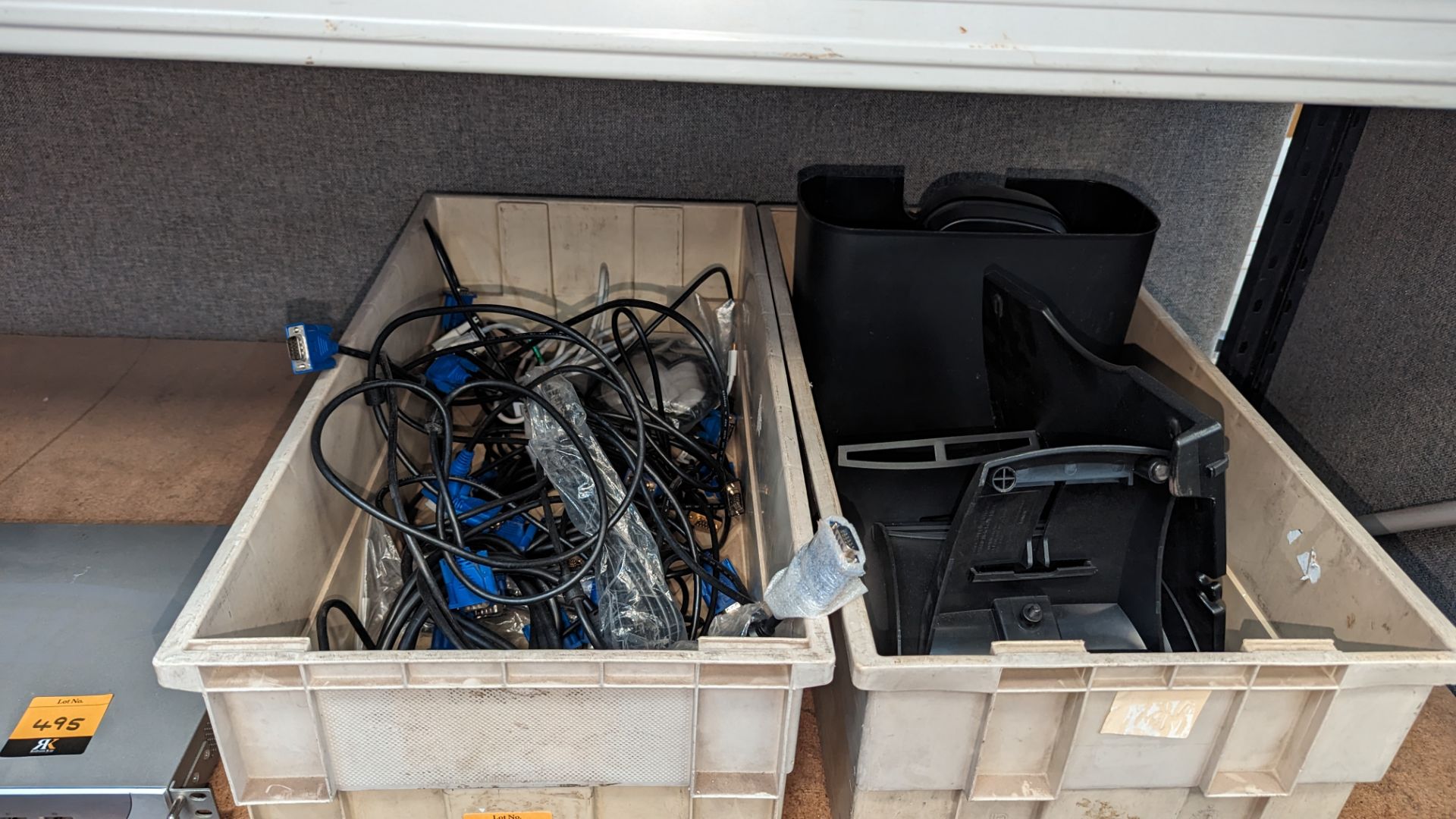 The contents of 2 crates of assorted IT cables & other items plus office shredder & more