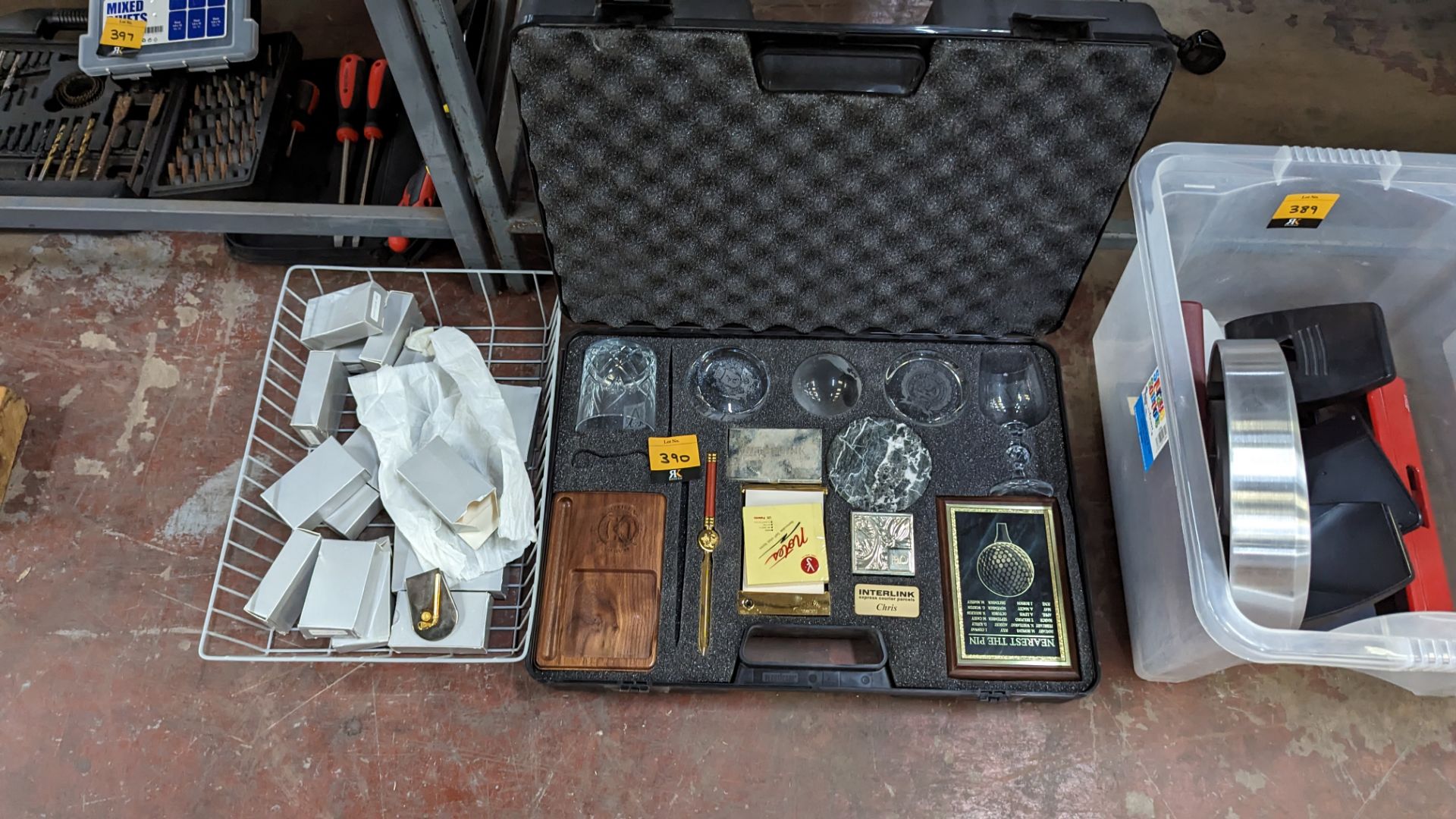 Golf memorabilia items comprising case & contents plus crate of golf themed clips