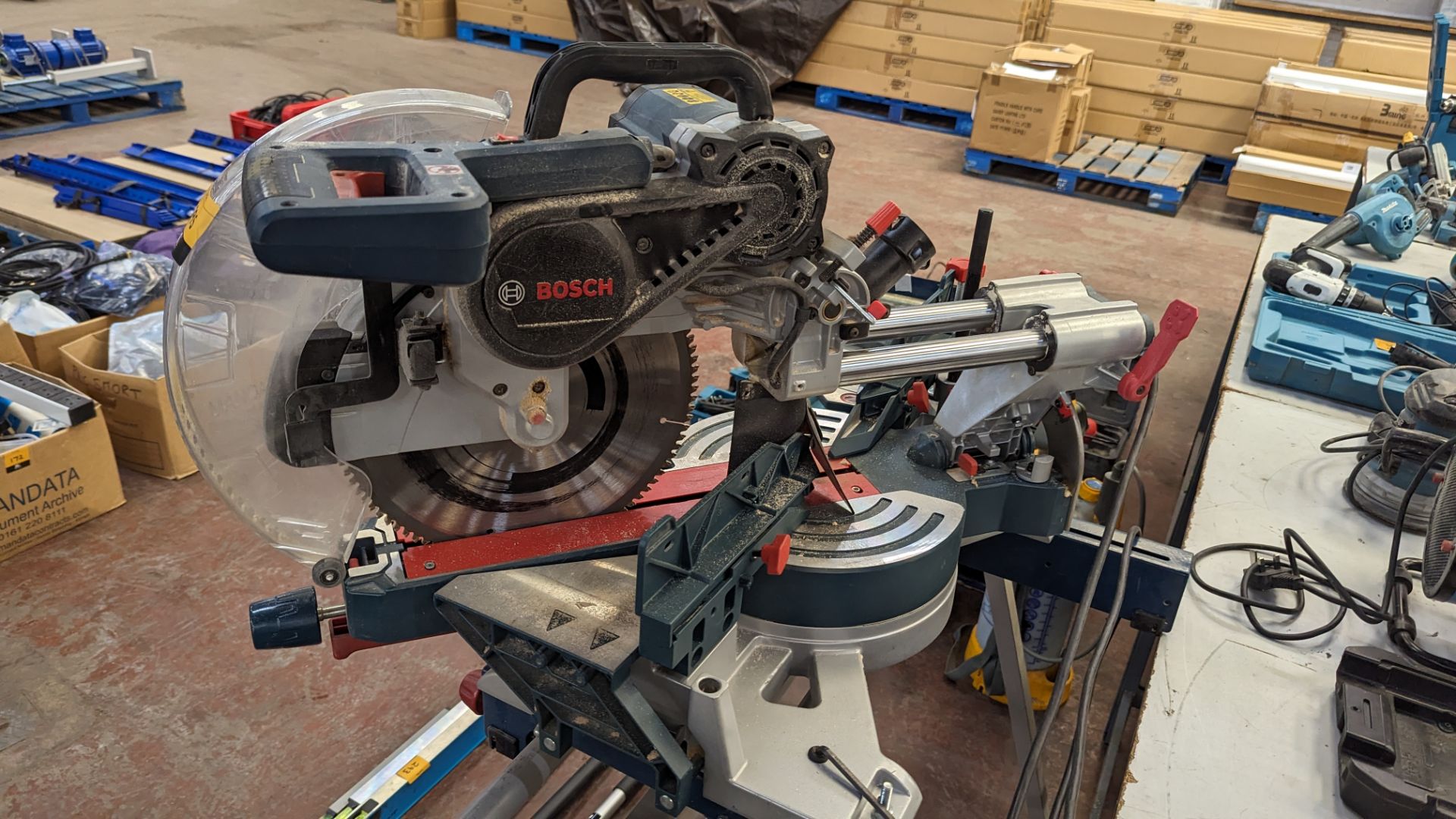 Bosch Professional model GCM12SDE multifunction pulldown saw on Bosch Professional GTA2600 workbench - Image 9 of 23