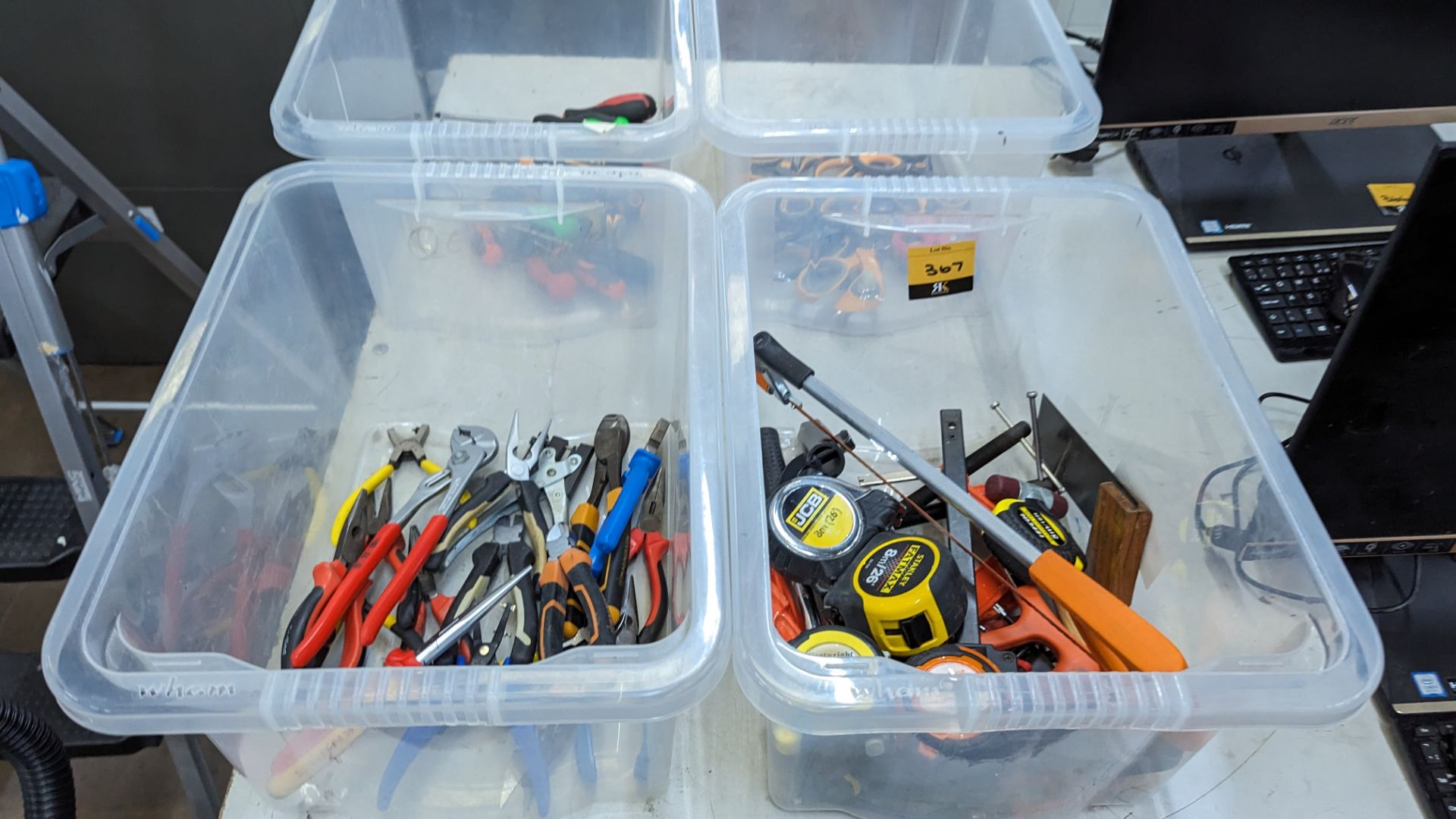 Contents of 4 tubs of tape measures, screwdrivers, hand tools & pliers