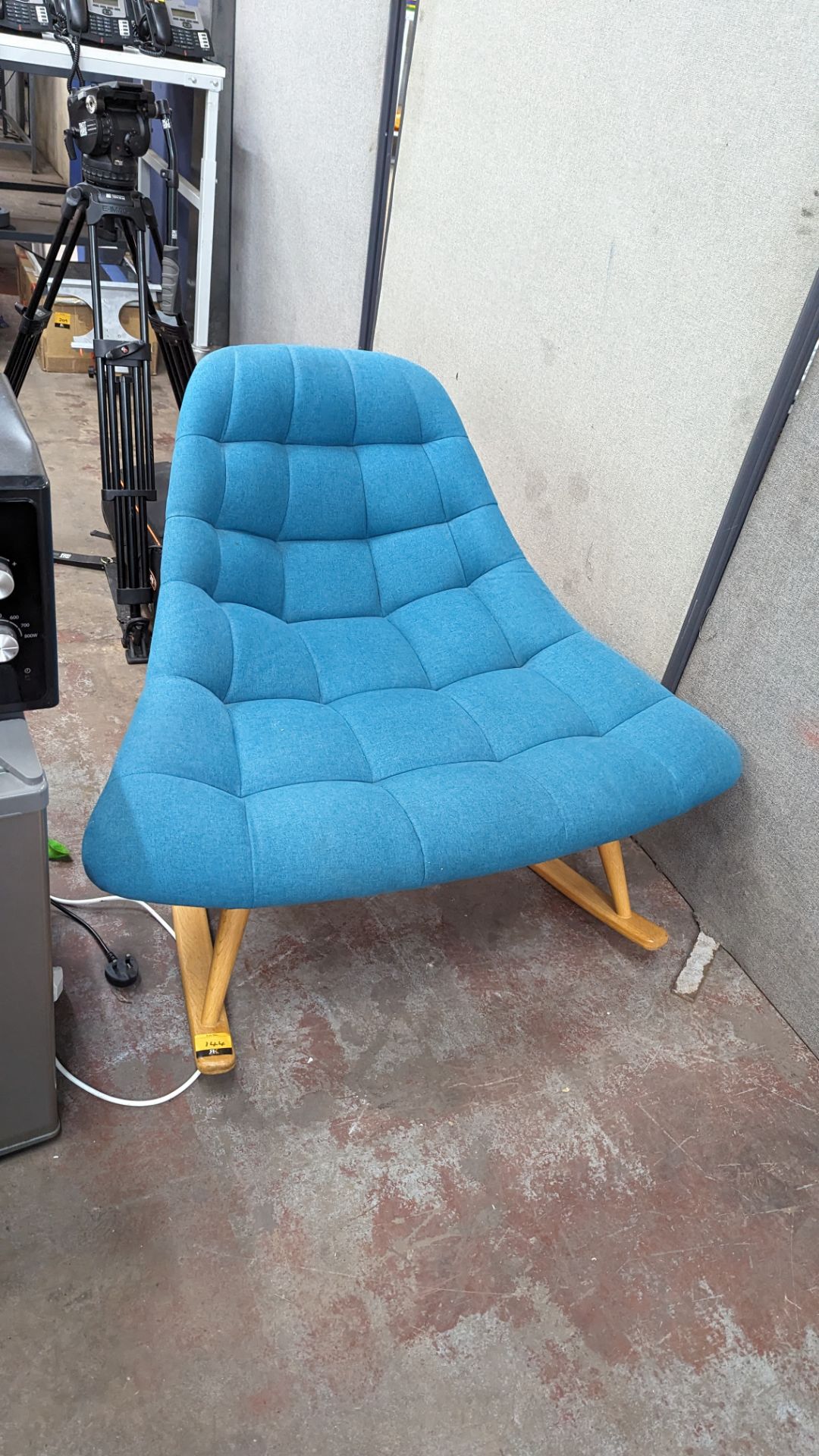 Rocking chair upholstered in aquamarine fabric on wooden legs - Image 3 of 7