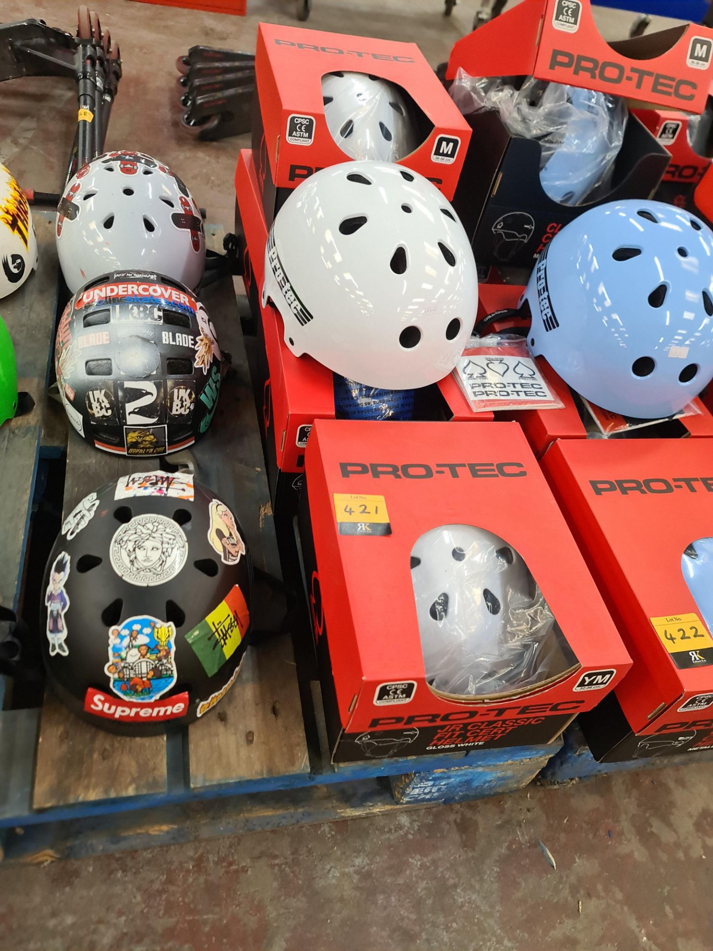 5 off Pro-Tec assorted helmets. Please note that 4 of the helmets include a box however, the boxes