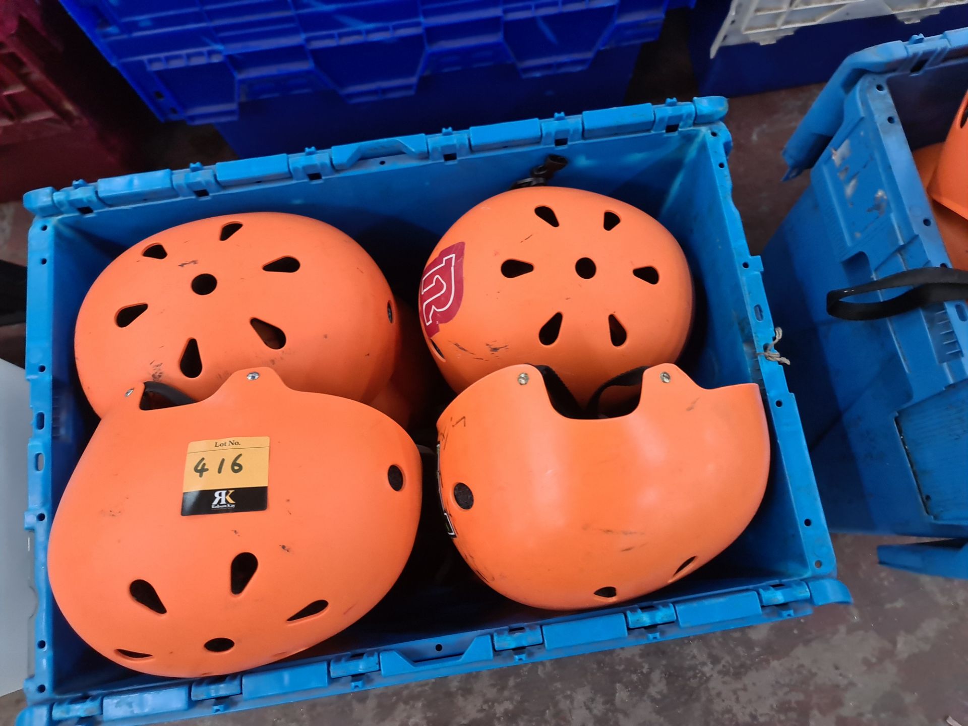 10 off assorted orange safety helmets, assumed to be by Pro Tec and possibly others - ex rental